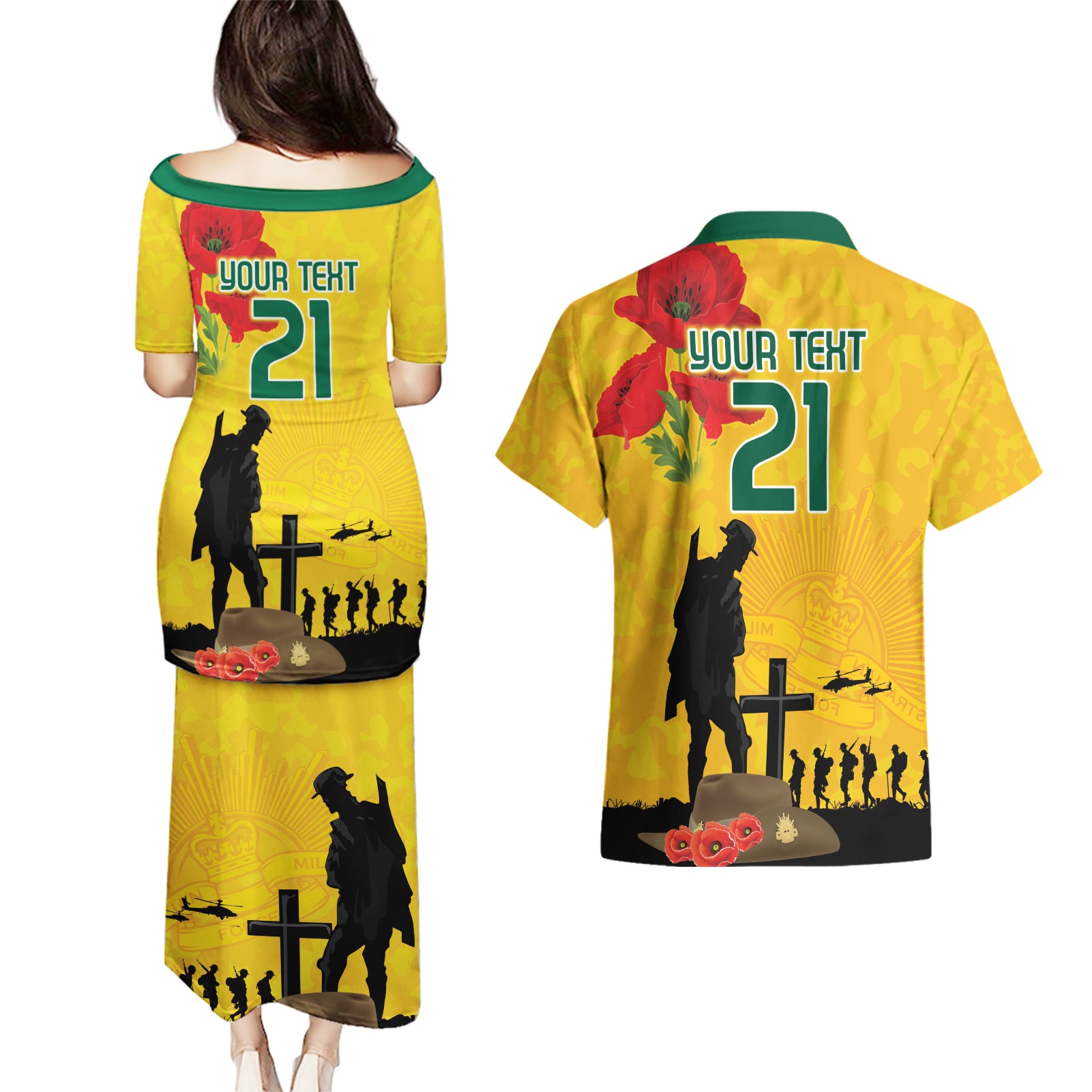 Australia Socceroos Soccer ANZAC Custom Couples Matching Puletasi and Hawaiian Shirt Gallipoli Soldier With Camouflage Art