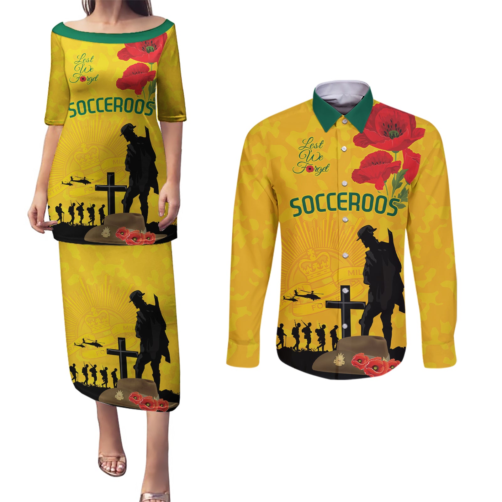 Australia Socceroos Soccer ANZAC Custom Couples Matching Puletasi and Long Sleeve Button Shirt Gallipoli Soldier With Camouflage Art