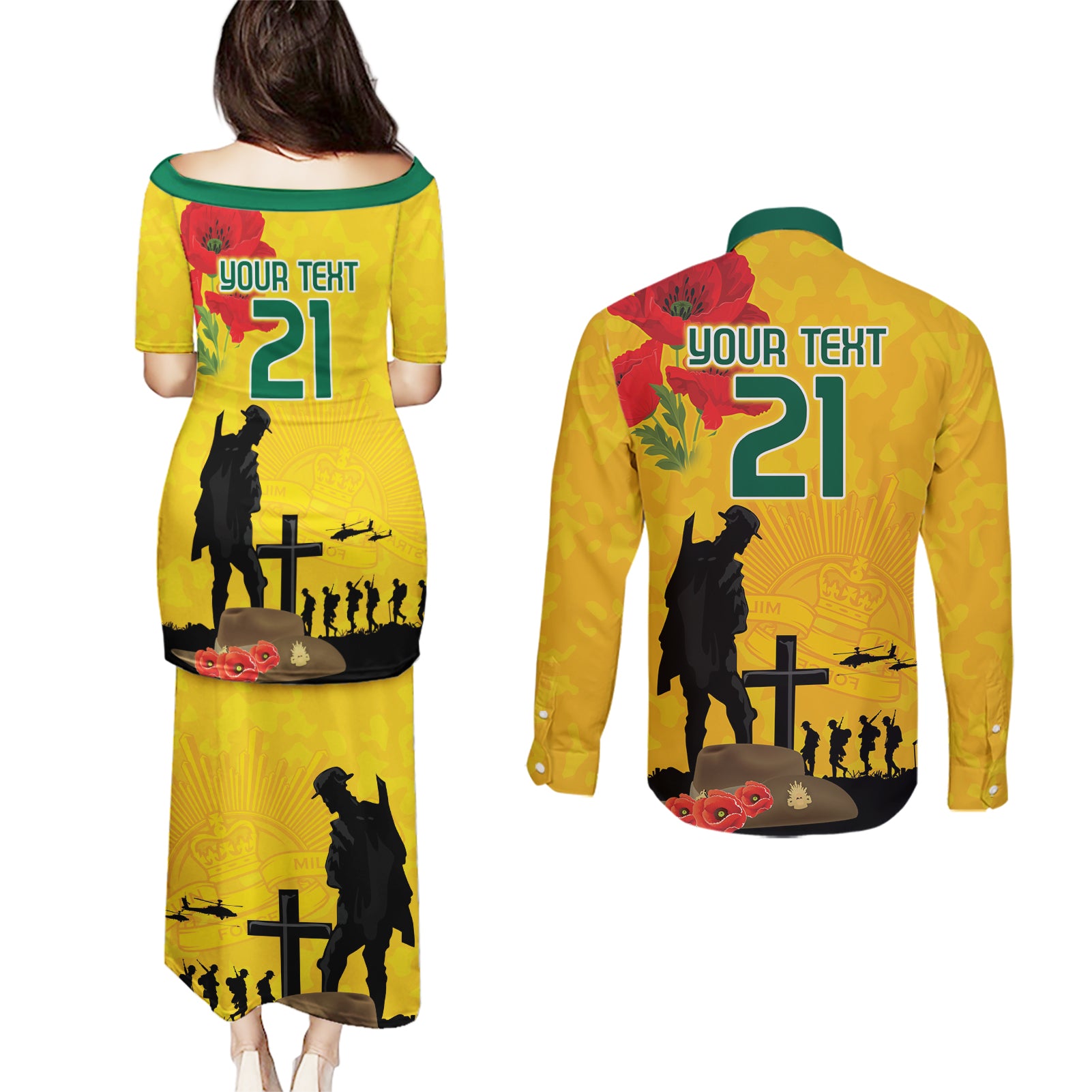 Australia Socceroos Soccer ANZAC Custom Couples Matching Puletasi and Long Sleeve Button Shirt Gallipoli Soldier With Camouflage Art