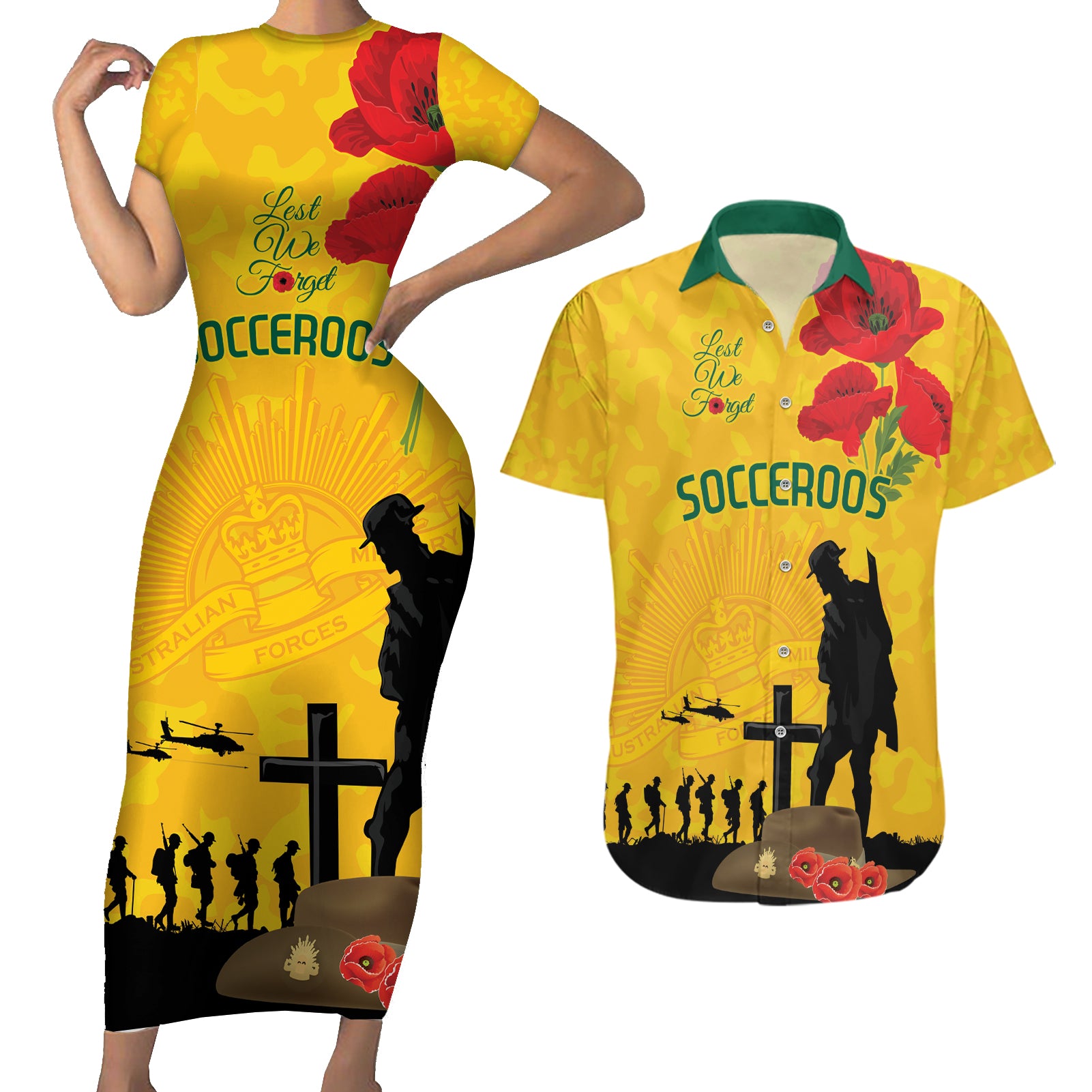 Australia Socceroos Soccer ANZAC Custom Couples Matching Short Sleeve Bodycon Dress and Hawaiian Shirt Gallipoli Soldier With Camouflage Art