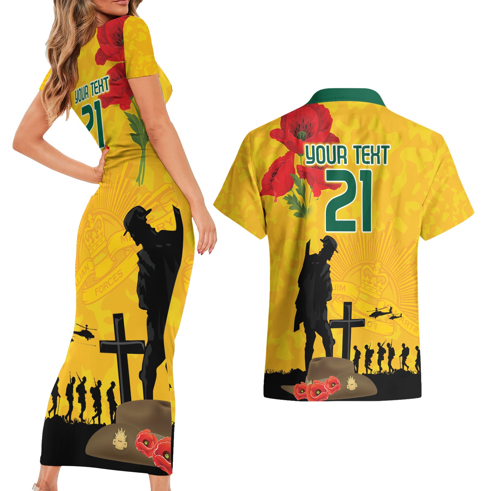 Australia Socceroos Soccer ANZAC Custom Couples Matching Short Sleeve Bodycon Dress and Hawaiian Shirt Gallipoli Soldier With Camouflage Art