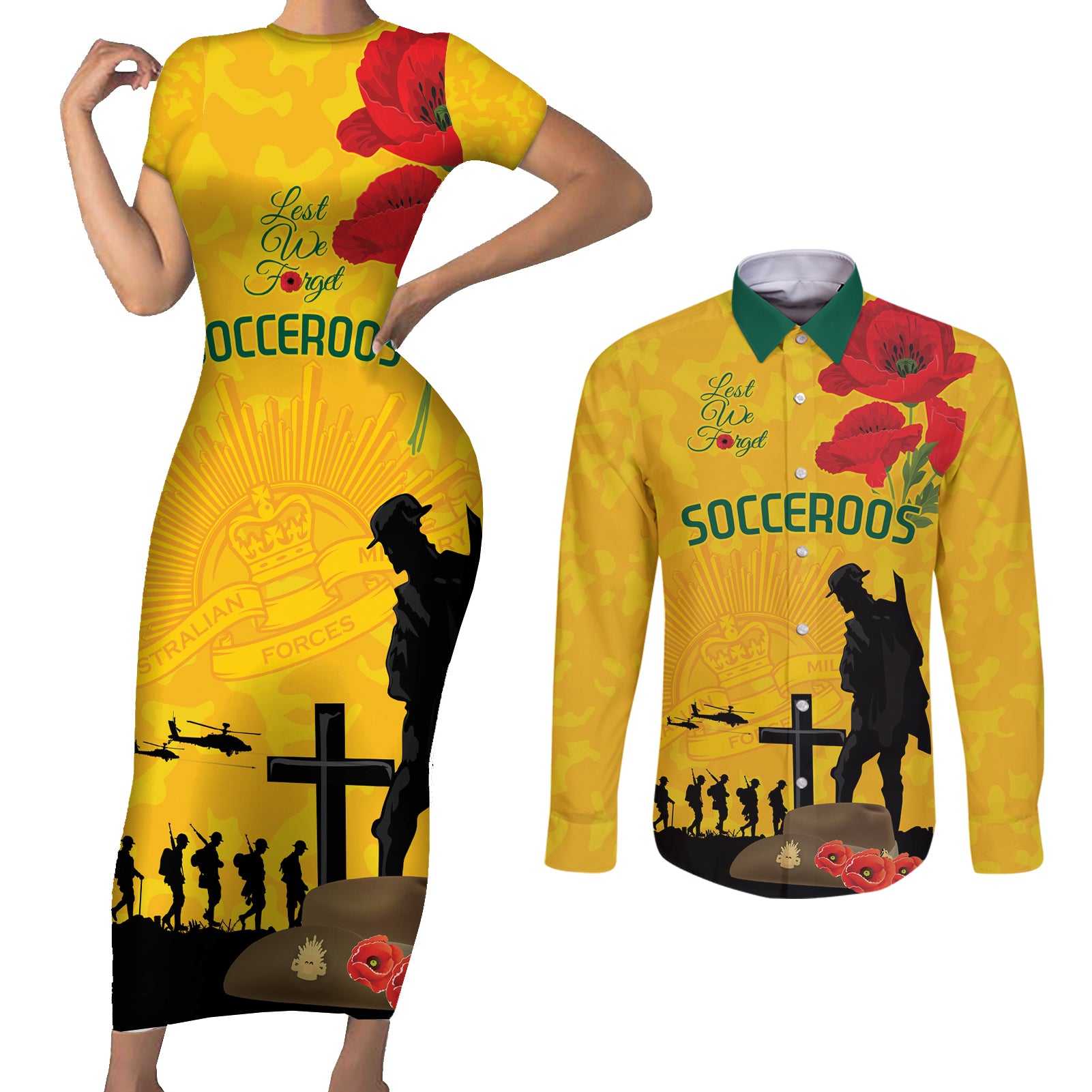 Australia Socceroos Soccer ANZAC Custom Couples Matching Short Sleeve Bodycon Dress and Long Sleeve Button Shirt Gallipoli Soldier With Camouflage Art