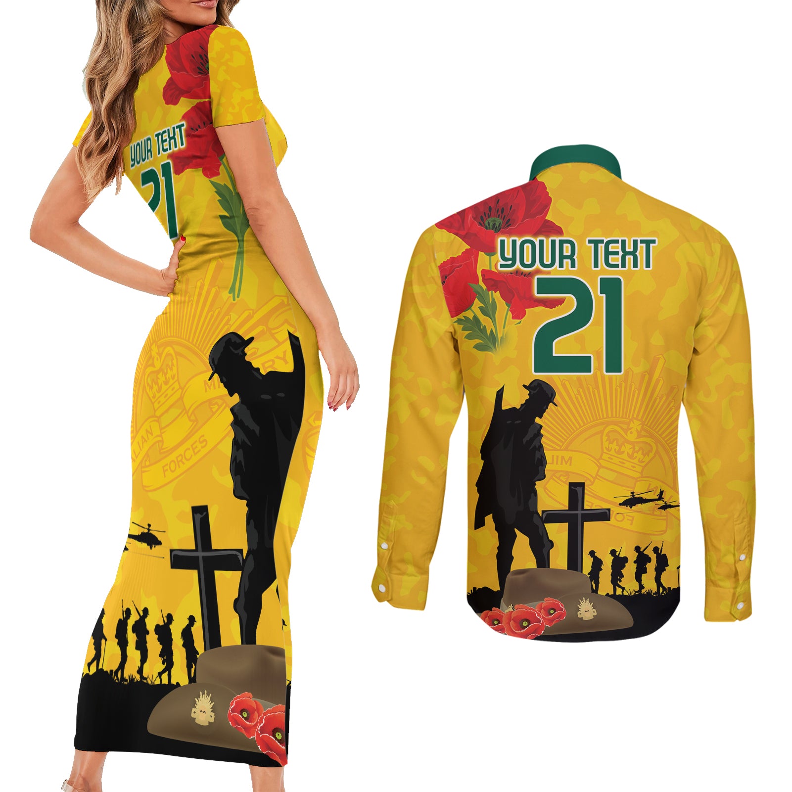 Australia Socceroos Soccer ANZAC Custom Couples Matching Short Sleeve Bodycon Dress and Long Sleeve Button Shirt Gallipoli Soldier With Camouflage Art