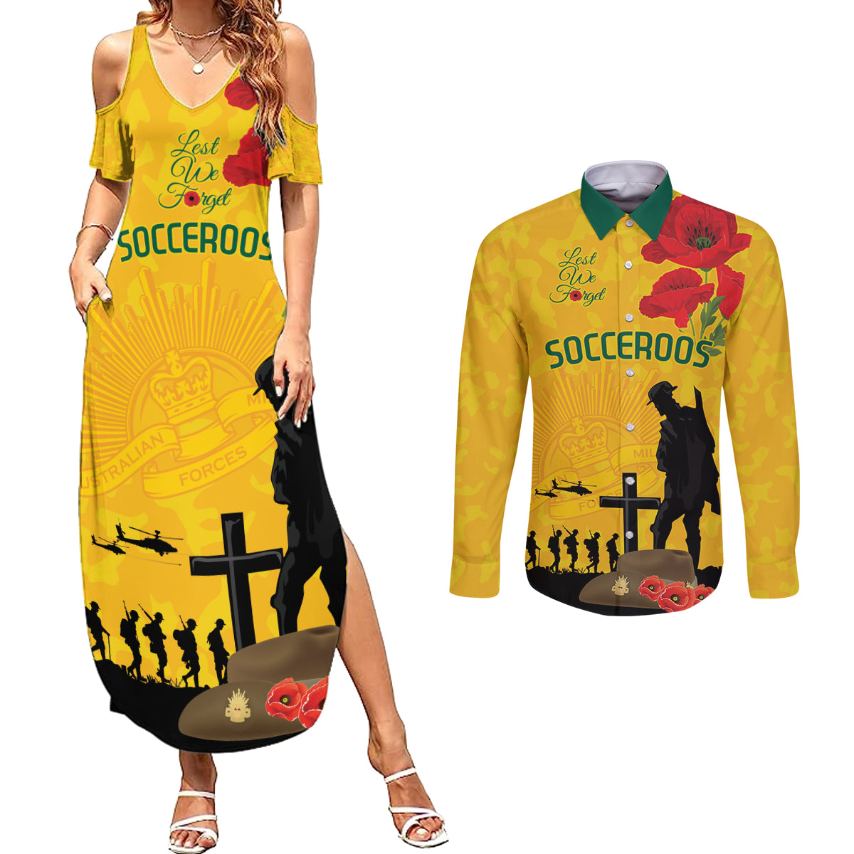 Australia Socceroos Soccer ANZAC Custom Couples Matching Summer Maxi Dress and Long Sleeve Button Shirt Gallipoli Soldier With Camouflage Art