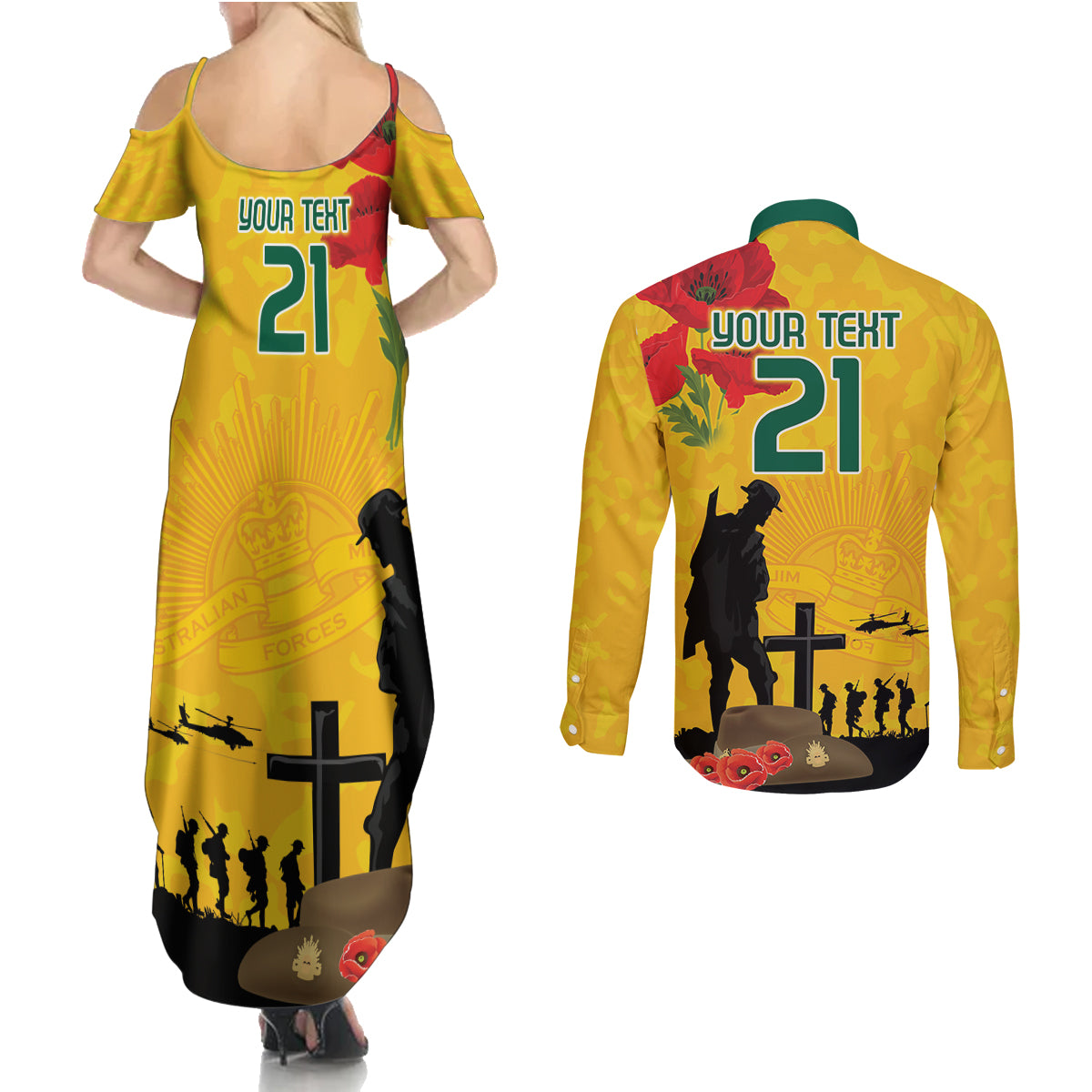 Australia Socceroos Soccer ANZAC Custom Couples Matching Summer Maxi Dress and Long Sleeve Button Shirt Gallipoli Soldier With Camouflage Art