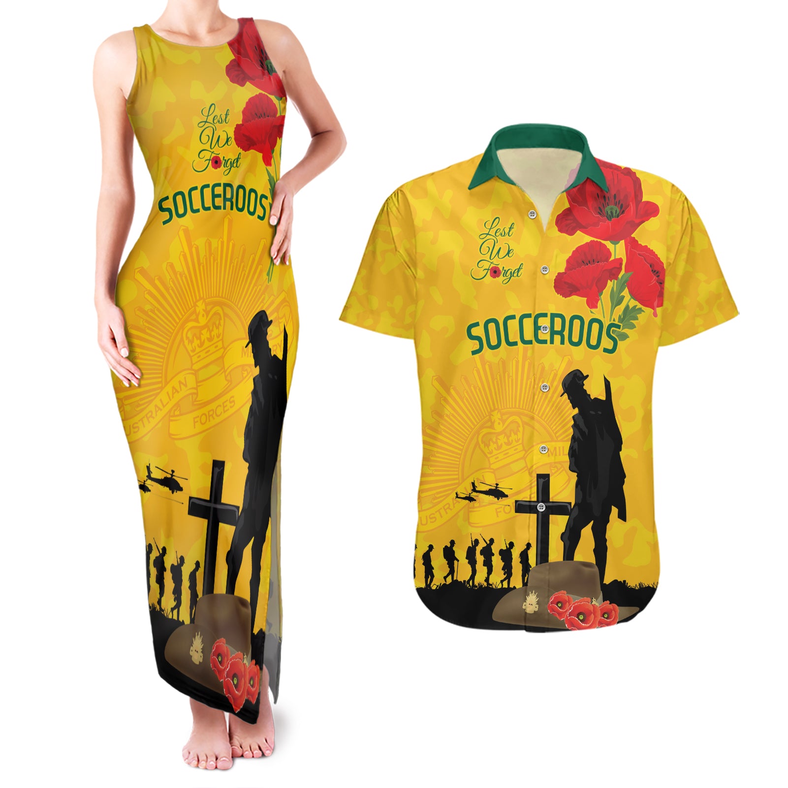 Australia Socceroos Soccer ANZAC Custom Couples Matching Tank Maxi Dress and Hawaiian Shirt Gallipoli Soldier With Camouflage Art