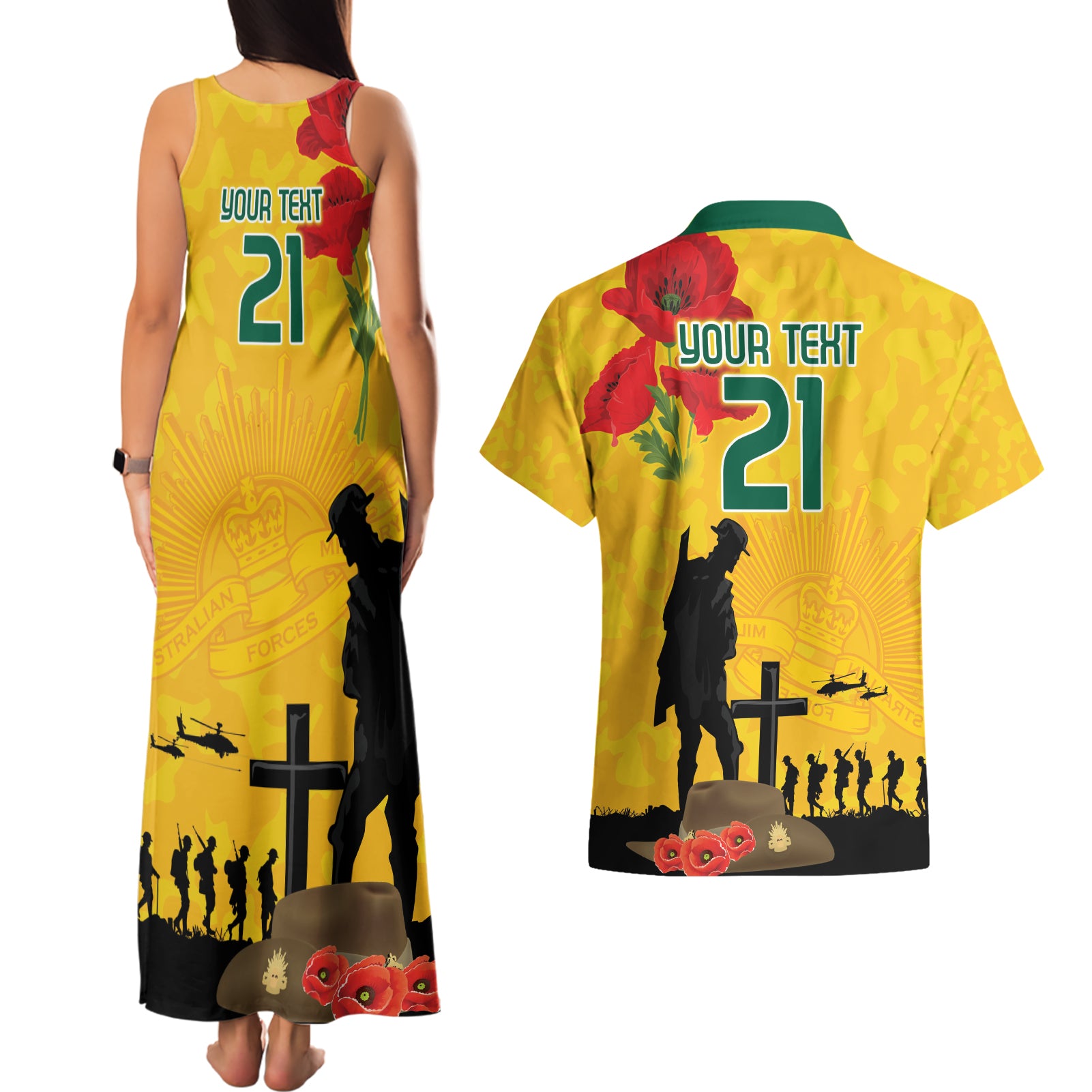 Australia Socceroos Soccer ANZAC Custom Couples Matching Tank Maxi Dress and Hawaiian Shirt Gallipoli Soldier With Camouflage Art