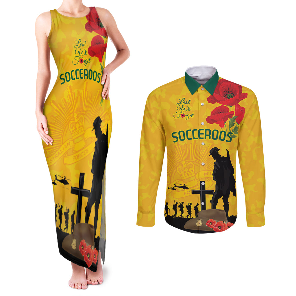 Australia Socceroos Soccer ANZAC Custom Couples Matching Tank Maxi Dress and Long Sleeve Button Shirt Gallipoli Soldier With Camouflage Art