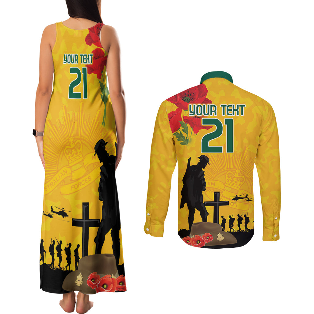 Australia Socceroos Soccer ANZAC Custom Couples Matching Tank Maxi Dress and Long Sleeve Button Shirt Gallipoli Soldier With Camouflage Art