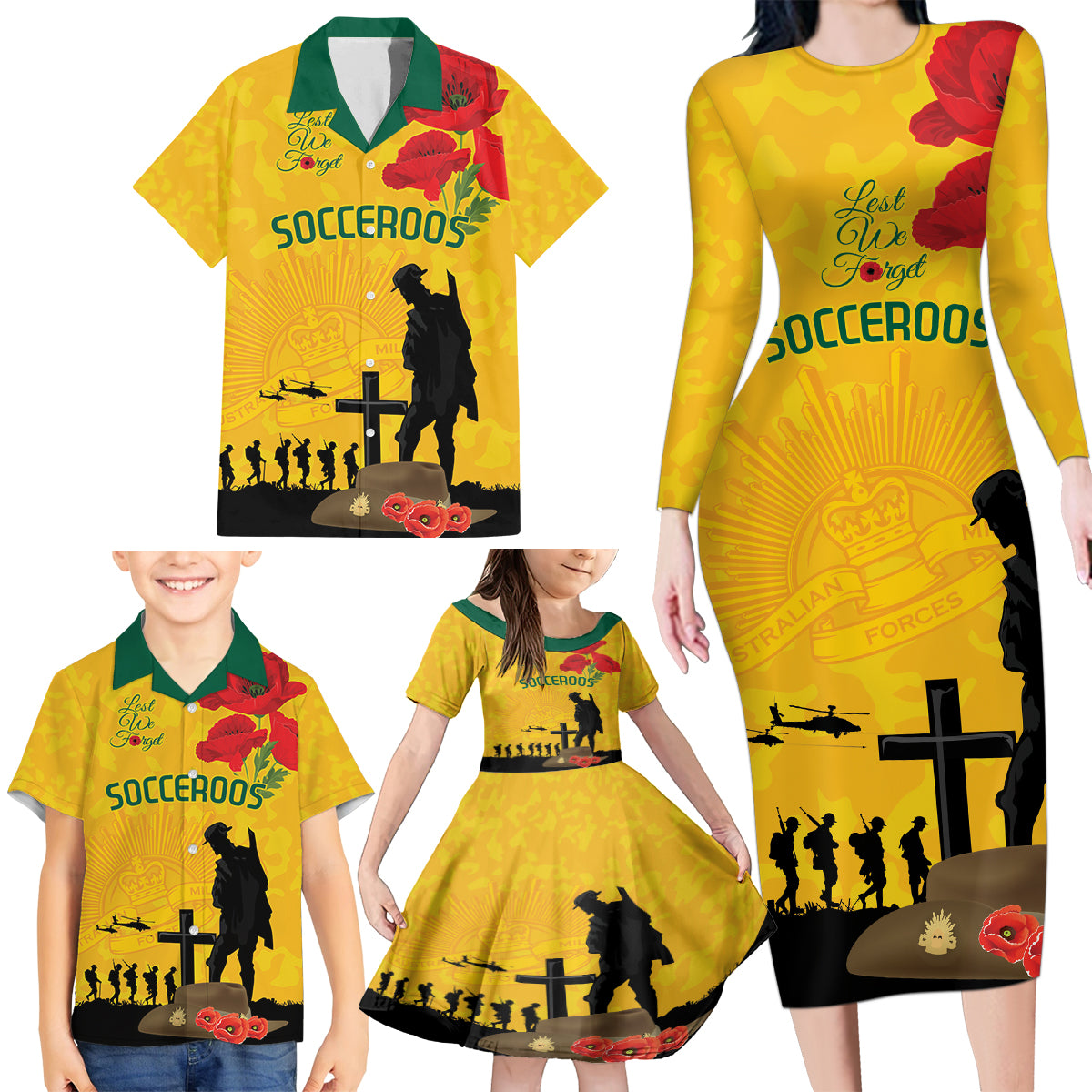 Australia Socceroos Soccer ANZAC Custom Family Matching Long Sleeve Bodycon Dress and Hawaiian Shirt Gallipoli Soldier With Camouflage Art