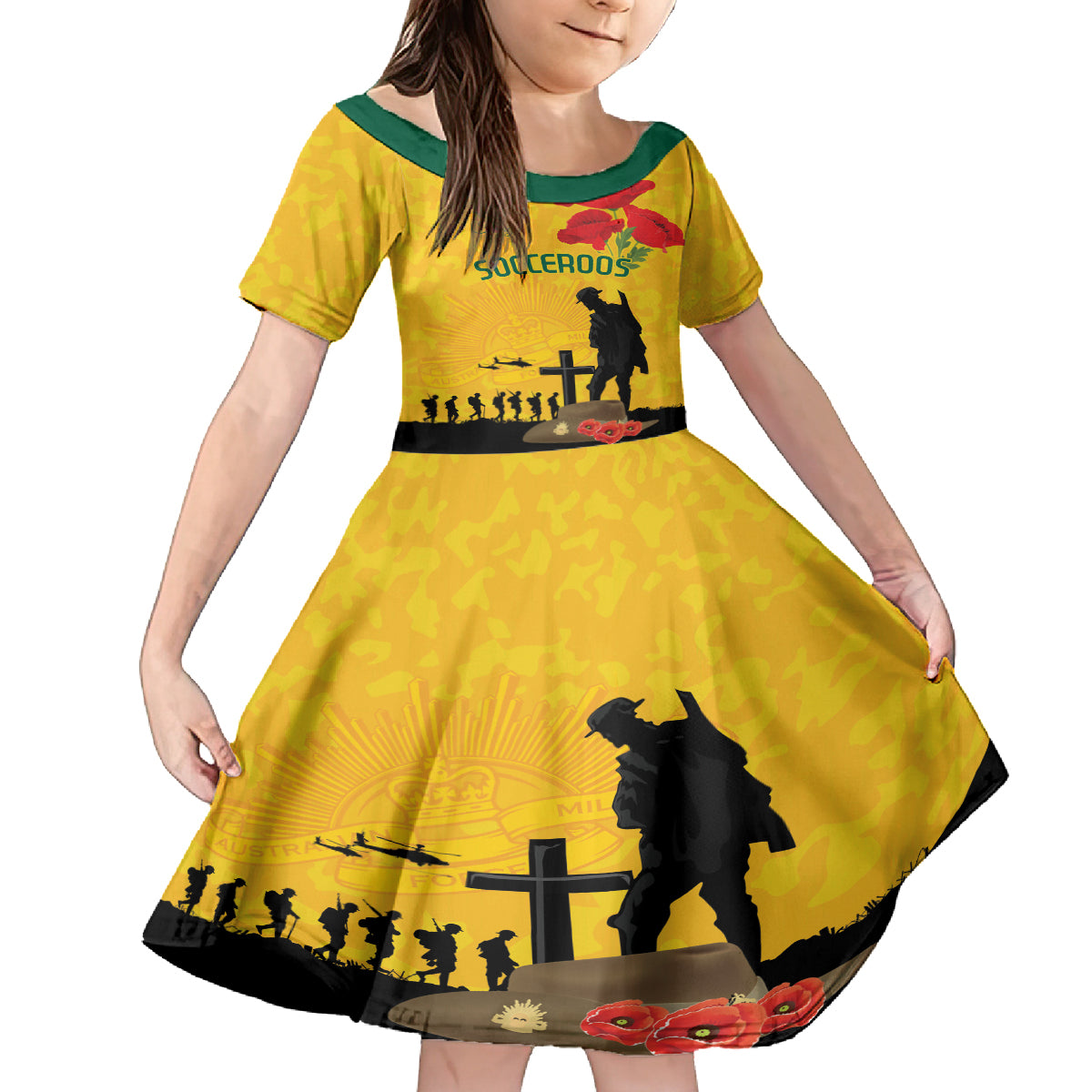 Australia Socceroos Soccer ANZAC Custom Family Matching Long Sleeve Bodycon Dress and Hawaiian Shirt Gallipoli Soldier With Camouflage Art