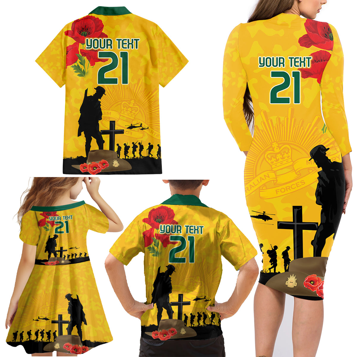 Australia Socceroos Soccer ANZAC Custom Family Matching Long Sleeve Bodycon Dress and Hawaiian Shirt Gallipoli Soldier With Camouflage Art