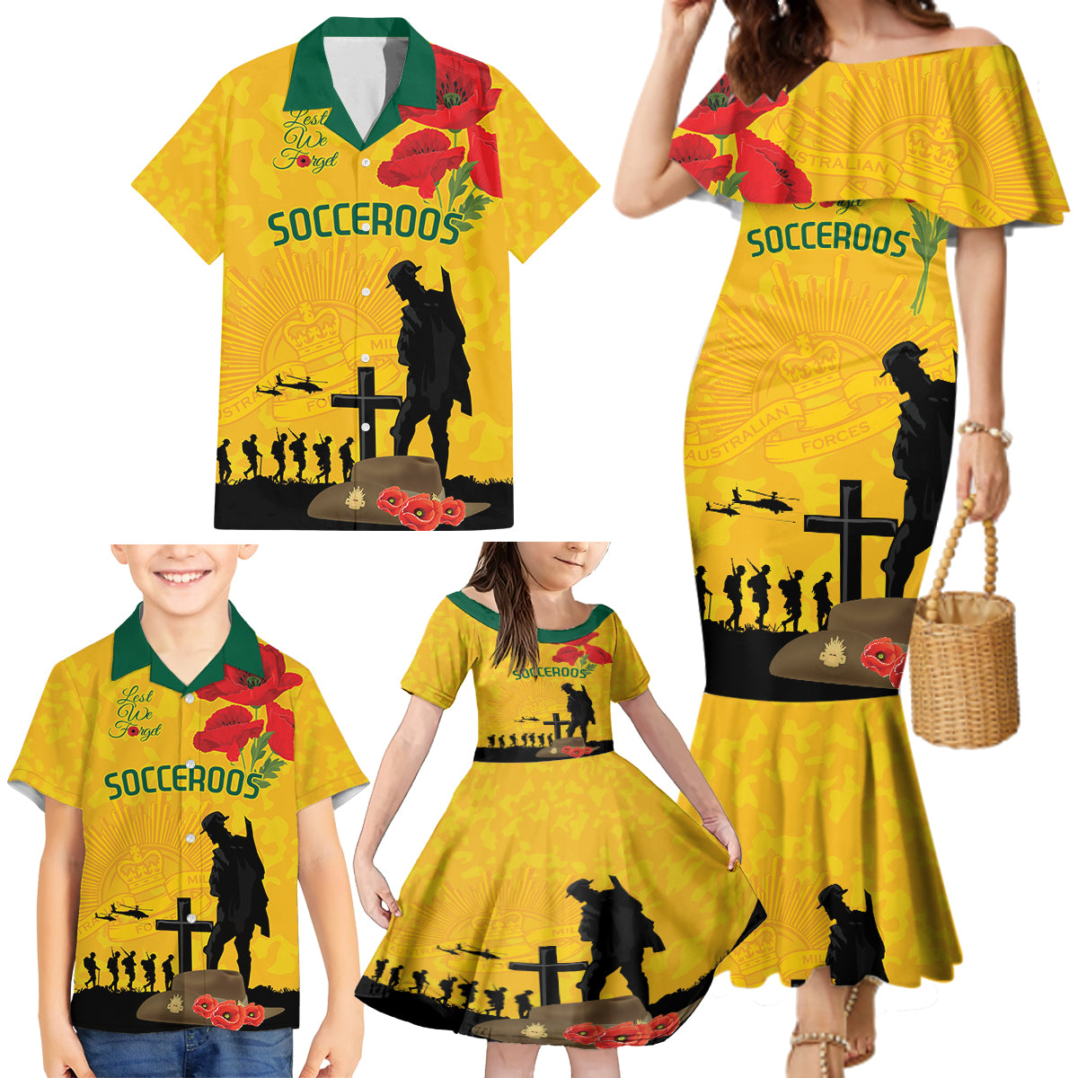 Australia Socceroos Soccer ANZAC Custom Family Matching Mermaid Dress and Hawaiian Shirt Gallipoli Soldier With Camouflage Art