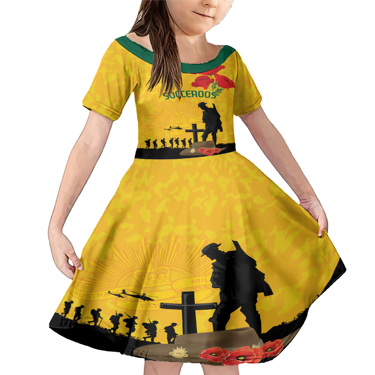 Australia Socceroos Soccer ANZAC Custom Family Matching Mermaid Dress and Hawaiian Shirt Gallipoli Soldier With Camouflage Art