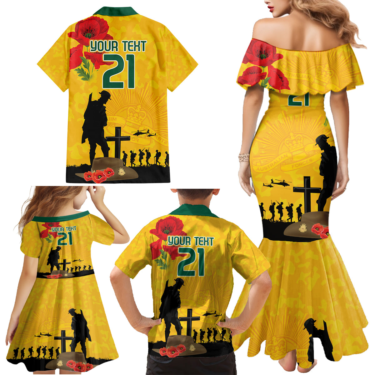 Australia Socceroos Soccer ANZAC Custom Family Matching Mermaid Dress and Hawaiian Shirt Gallipoli Soldier With Camouflage Art