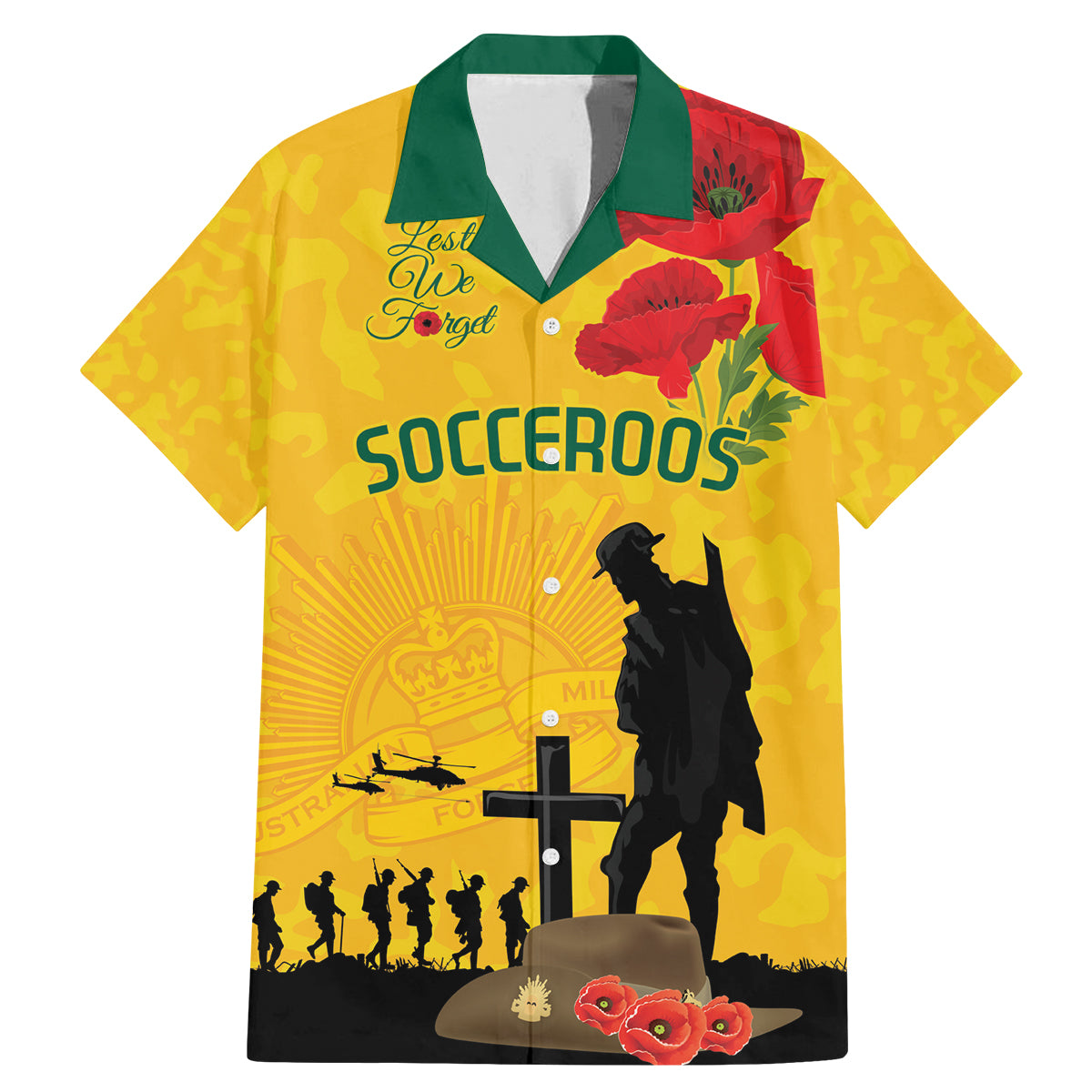 Australia Socceroos Soccer ANZAC Custom Family Matching Mermaid Dress and Hawaiian Shirt Gallipoli Soldier With Camouflage Art