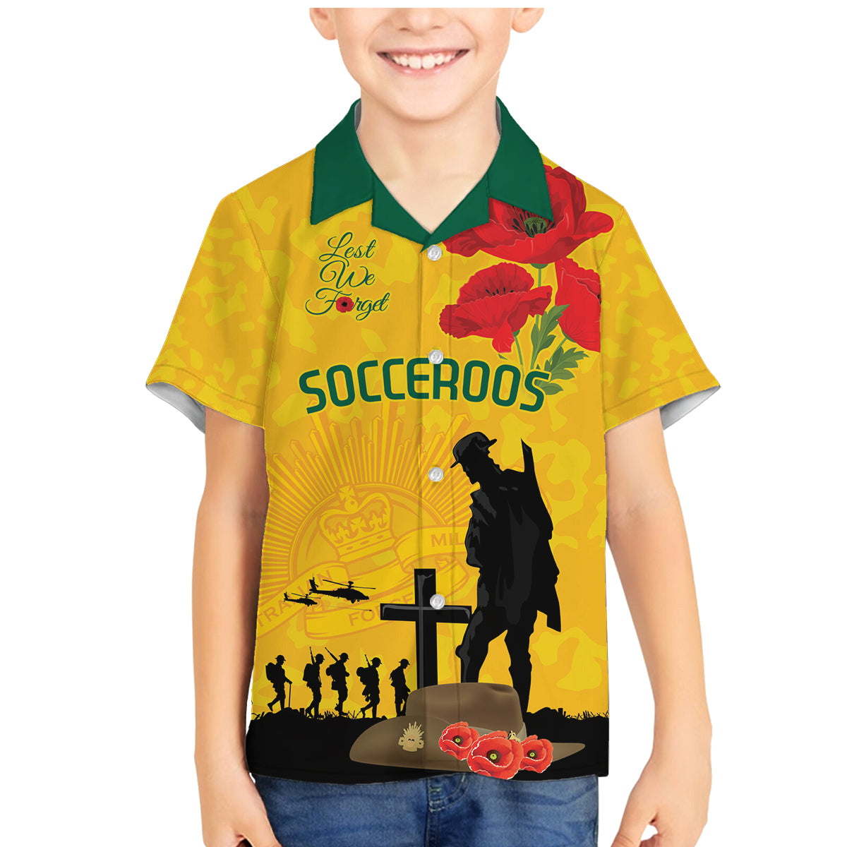 Australia Socceroos Soccer ANZAC Custom Family Matching Mermaid Dress and Hawaiian Shirt Gallipoli Soldier With Camouflage Art