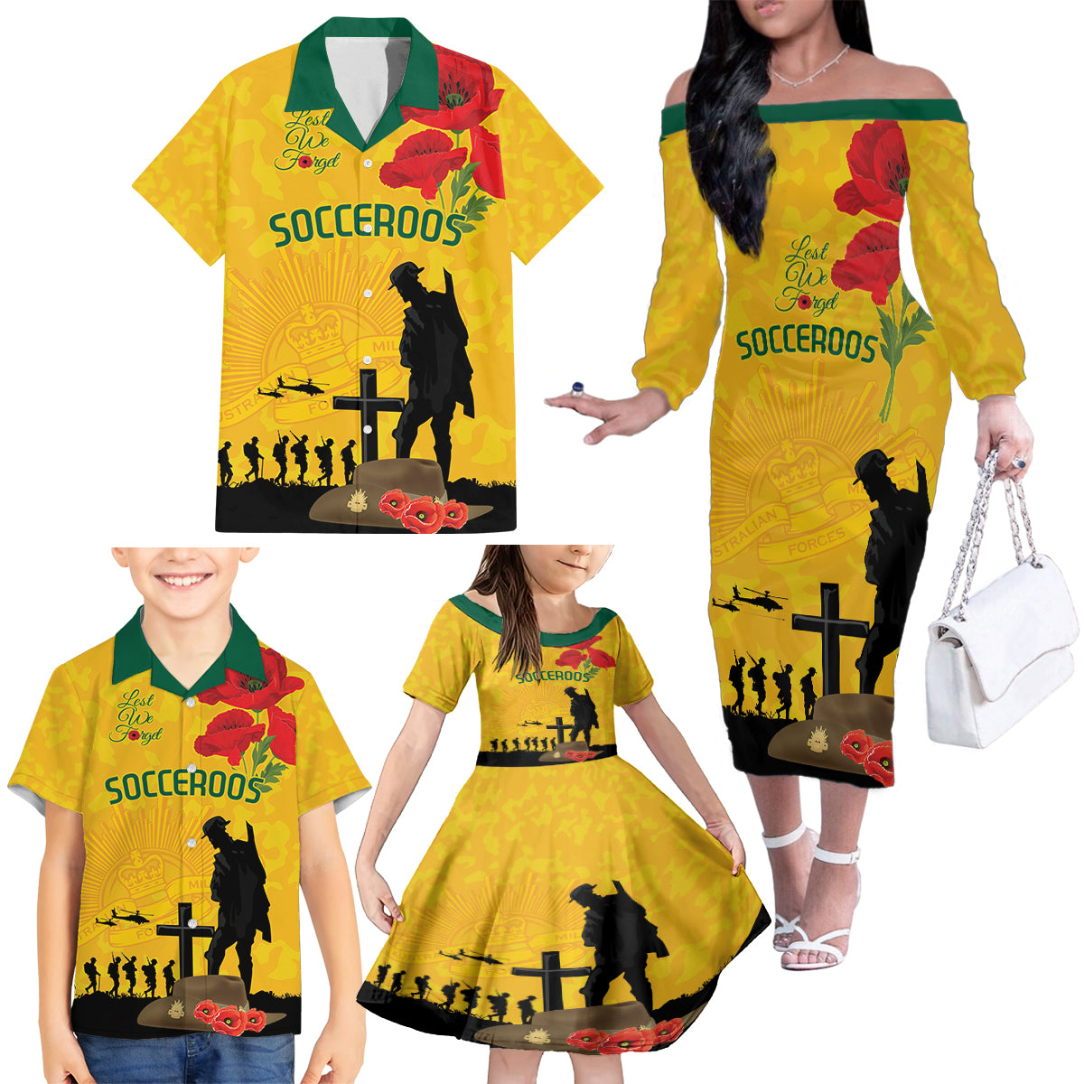 Australia Socceroos Soccer ANZAC Custom Family Matching Off Shoulder Long Sleeve Dress and Hawaiian Shirt Gallipoli Soldier With Camouflage Art