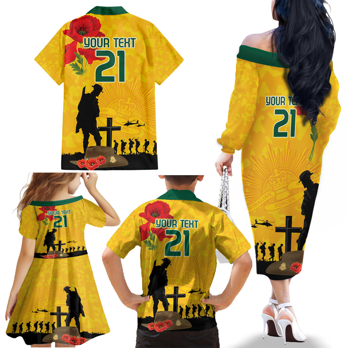 Australia Socceroos Soccer ANZAC Custom Family Matching Off Shoulder Long Sleeve Dress and Hawaiian Shirt Gallipoli Soldier With Camouflage Art