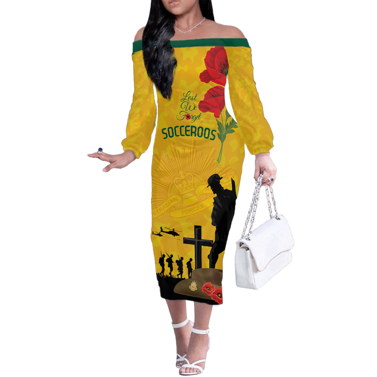 Australia Socceroos Soccer ANZAC Custom Family Matching Off Shoulder Long Sleeve Dress and Hawaiian Shirt Gallipoli Soldier With Camouflage Art