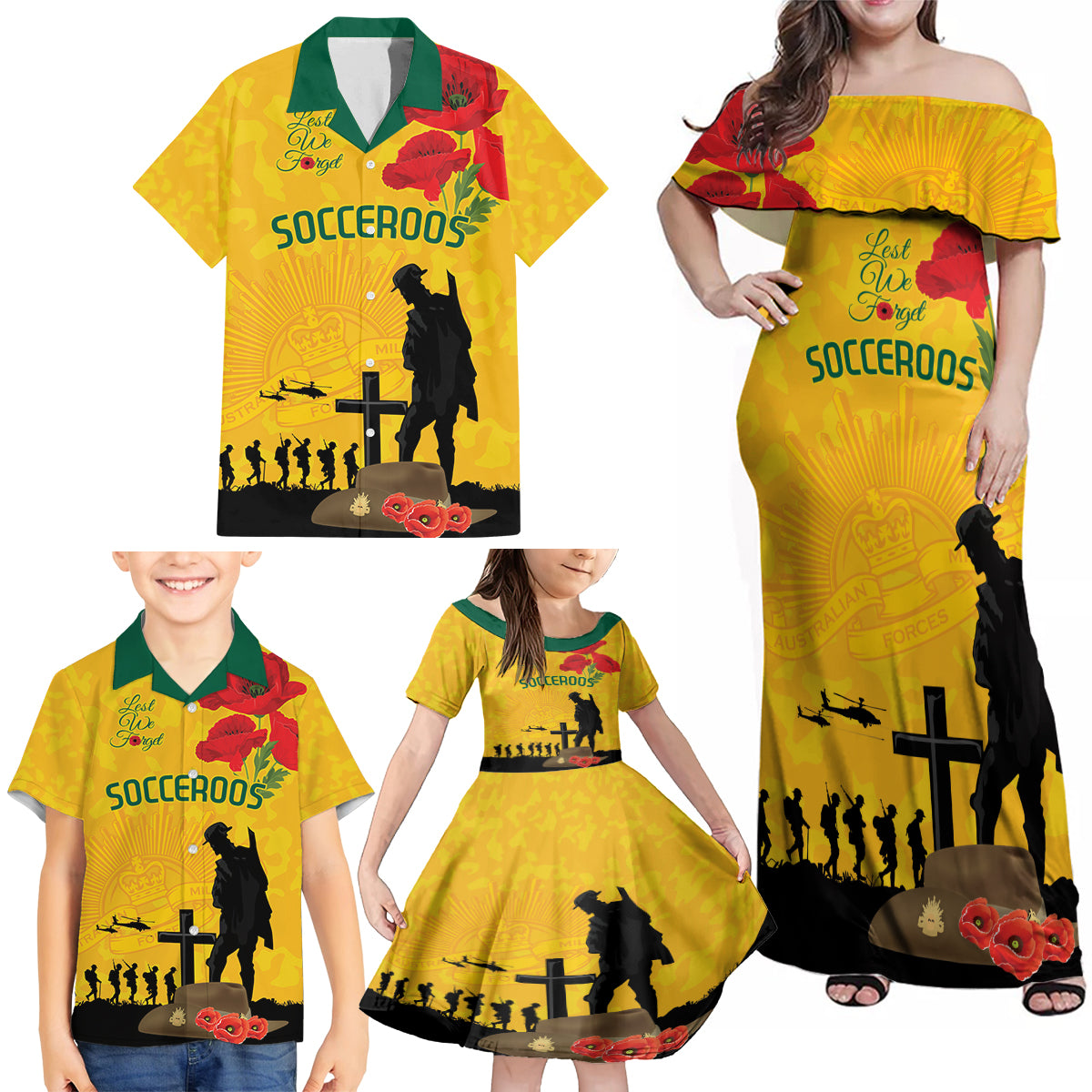 Australia Socceroos Soccer ANZAC Custom Family Matching Off Shoulder Maxi Dress and Hawaiian Shirt Gallipoli Soldier With Camouflage Art