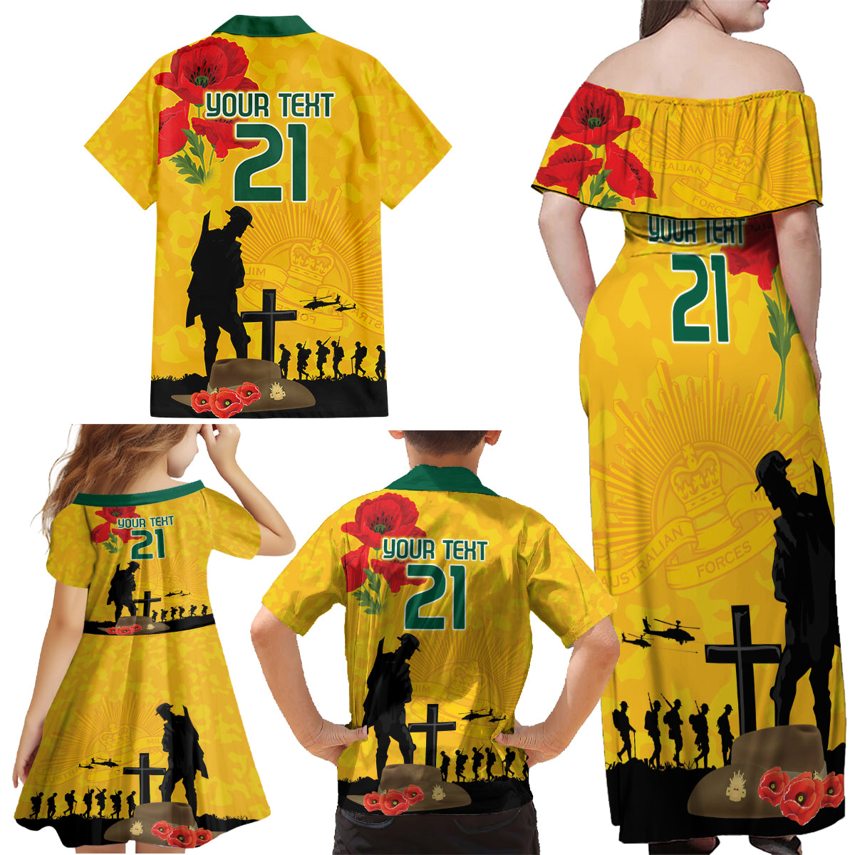 Australia Socceroos Soccer ANZAC Custom Family Matching Off Shoulder Maxi Dress and Hawaiian Shirt Gallipoli Soldier With Camouflage Art