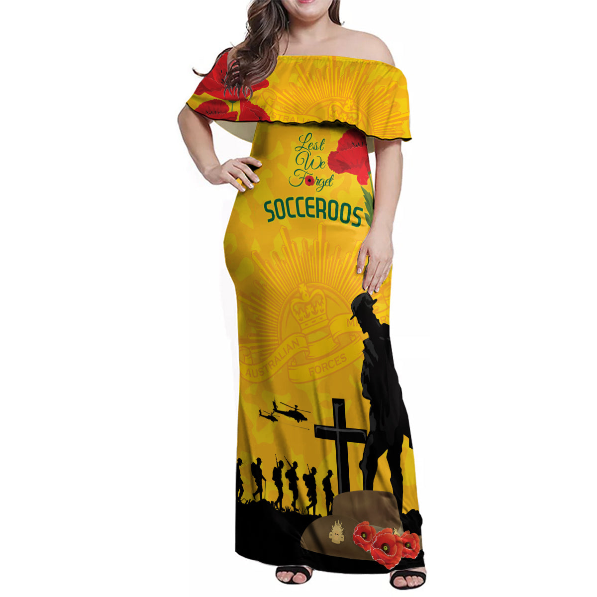 Australia Socceroos Soccer ANZAC Custom Family Matching Off Shoulder Maxi Dress and Hawaiian Shirt Gallipoli Soldier With Camouflage Art