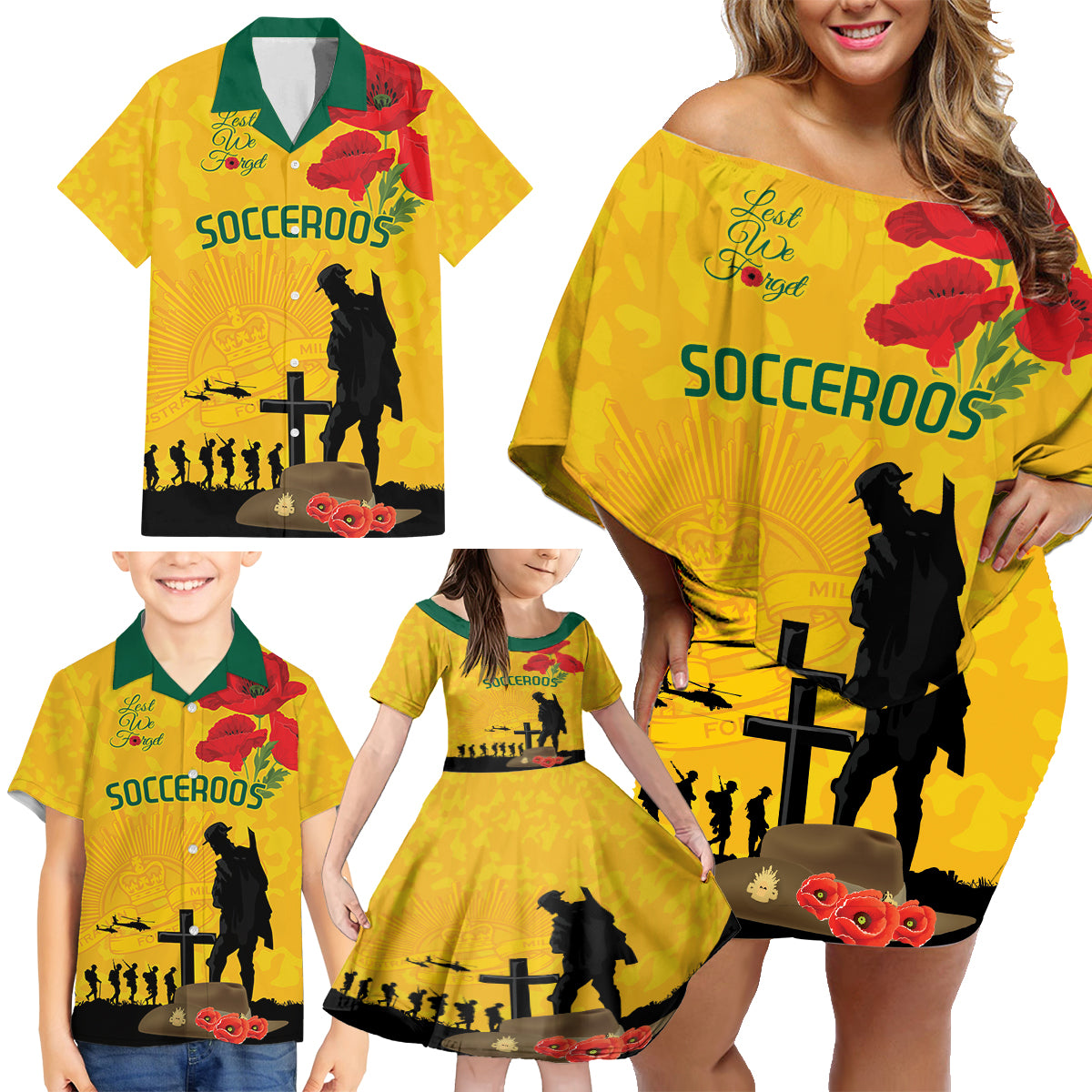 Australia Socceroos Soccer ANZAC Custom Family Matching Off Shoulder Short Dress and Hawaiian Shirt Gallipoli Soldier With Camouflage Art