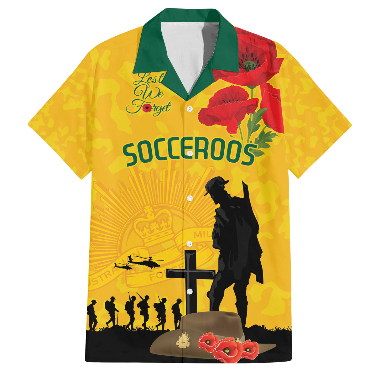 Australia Socceroos Soccer ANZAC Custom Family Matching Off Shoulder Short Dress and Hawaiian Shirt Gallipoli Soldier With Camouflage Art