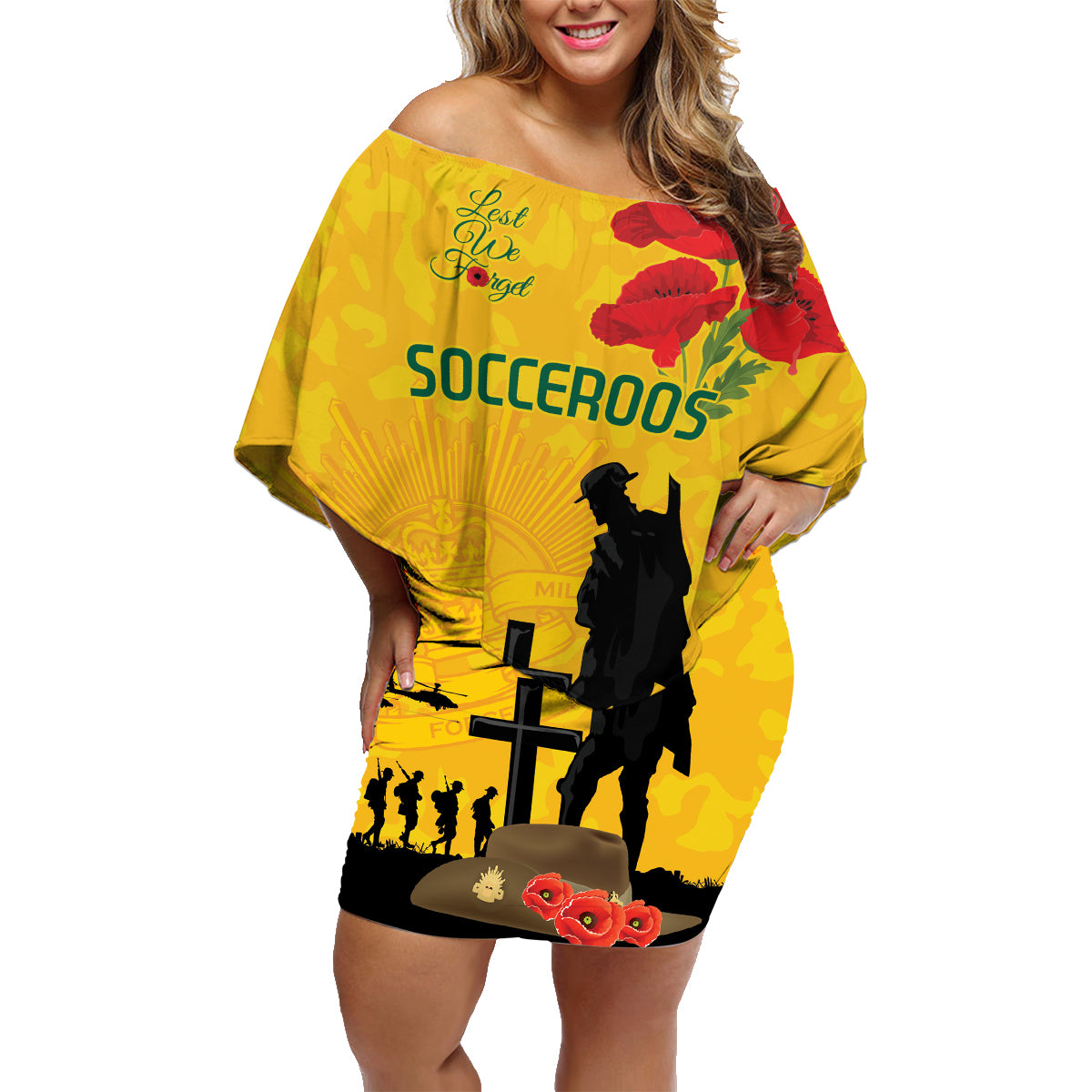 Australia Socceroos Soccer ANZAC Custom Family Matching Off Shoulder Short Dress and Hawaiian Shirt Gallipoli Soldier With Camouflage Art