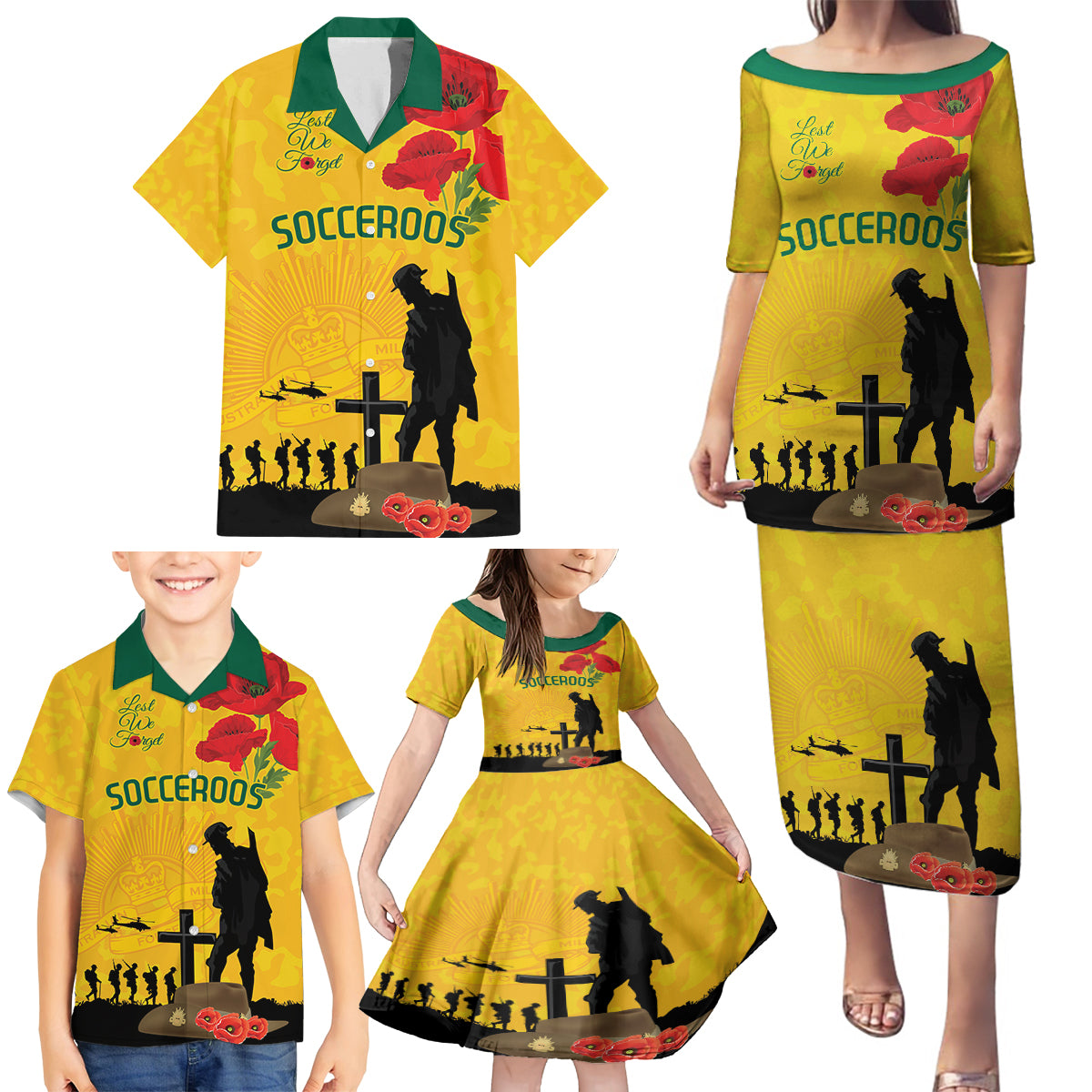 Australia Socceroos Soccer ANZAC Custom Family Matching Puletasi and Hawaiian Shirt Gallipoli Soldier With Camouflage Art