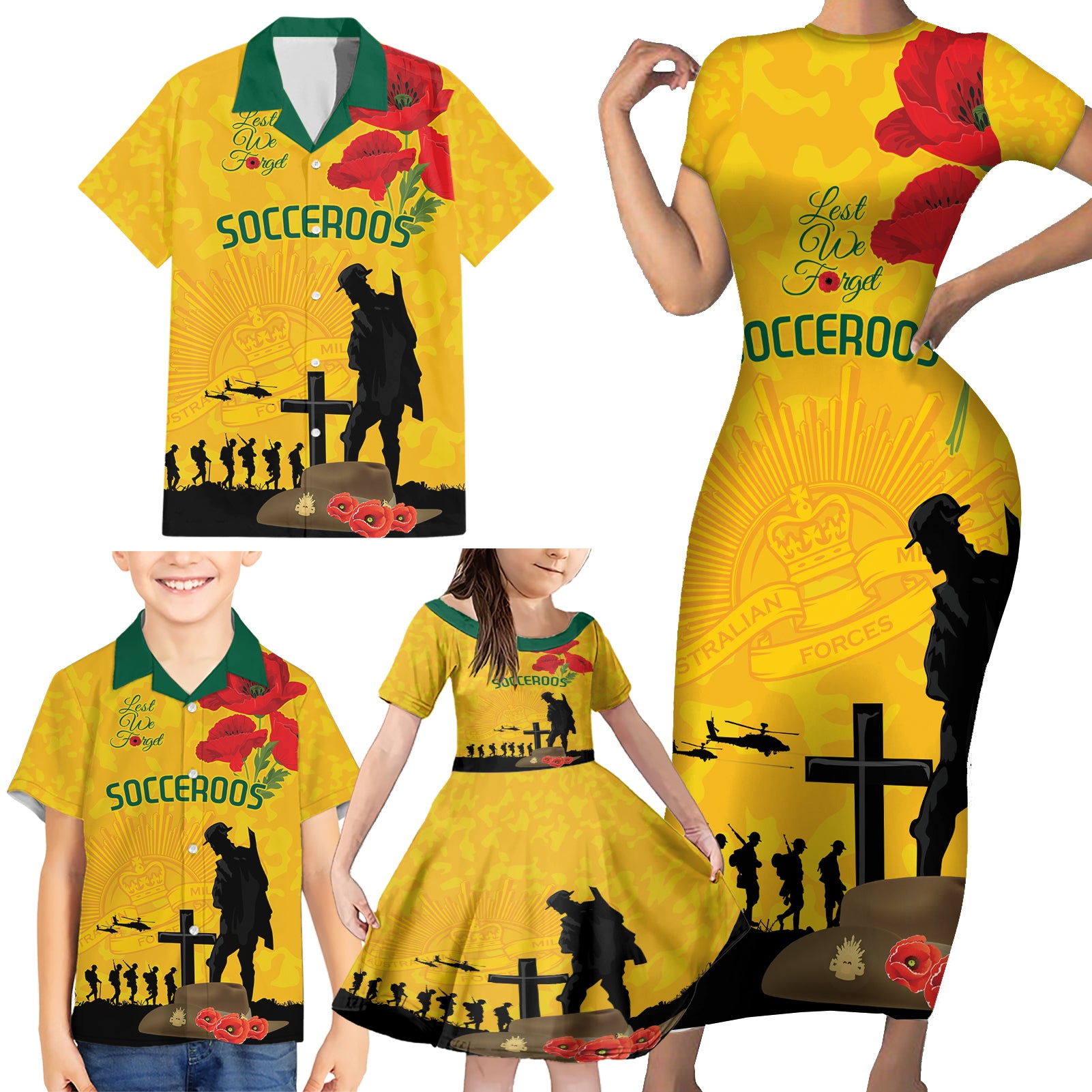 Australia Socceroos Soccer ANZAC Custom Family Matching Short Sleeve Bodycon Dress and Hawaiian Shirt Gallipoli Soldier With Camouflage Art