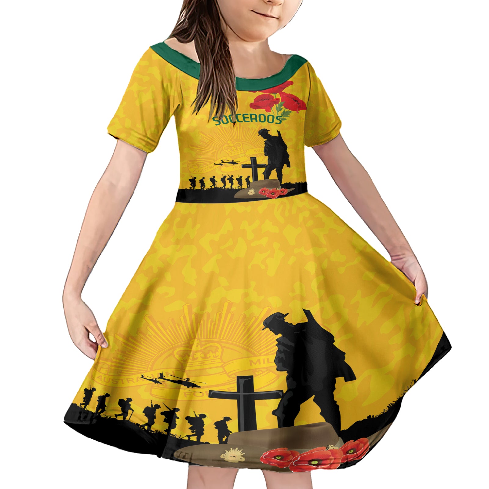 Australia Socceroos Soccer ANZAC Custom Family Matching Short Sleeve Bodycon Dress and Hawaiian Shirt Gallipoli Soldier With Camouflage Art