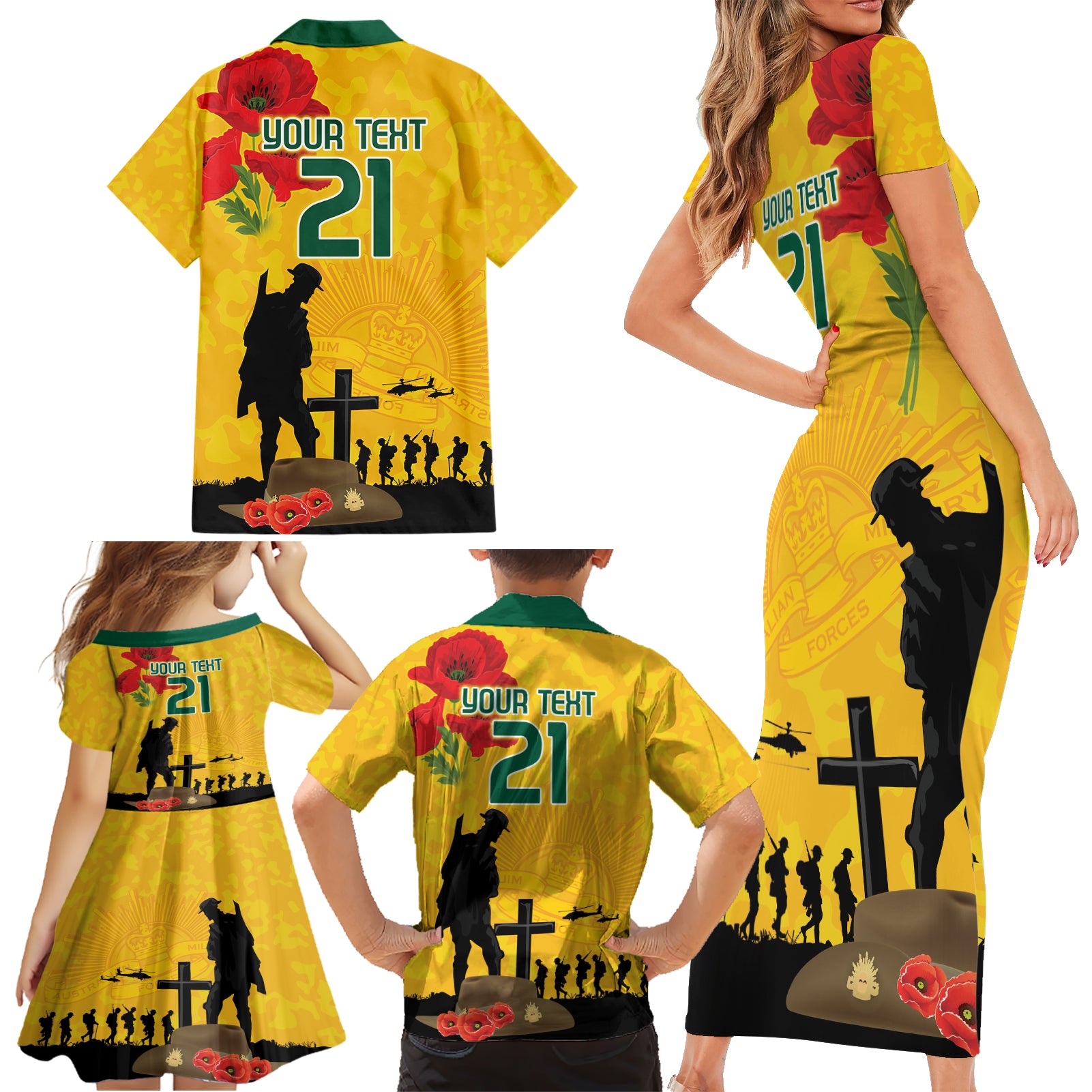 Australia Socceroos Soccer ANZAC Custom Family Matching Short Sleeve Bodycon Dress and Hawaiian Shirt Gallipoli Soldier With Camouflage Art