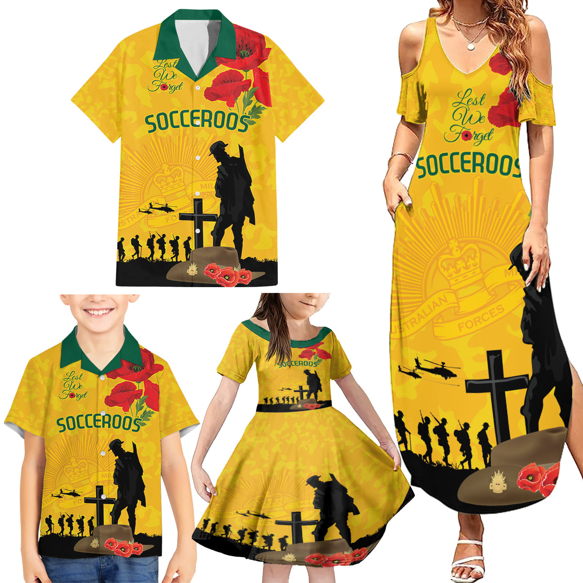 Australia Socceroos Soccer ANZAC Custom Family Matching Summer Maxi Dress and Hawaiian Shirt Gallipoli Soldier With Camouflage Art