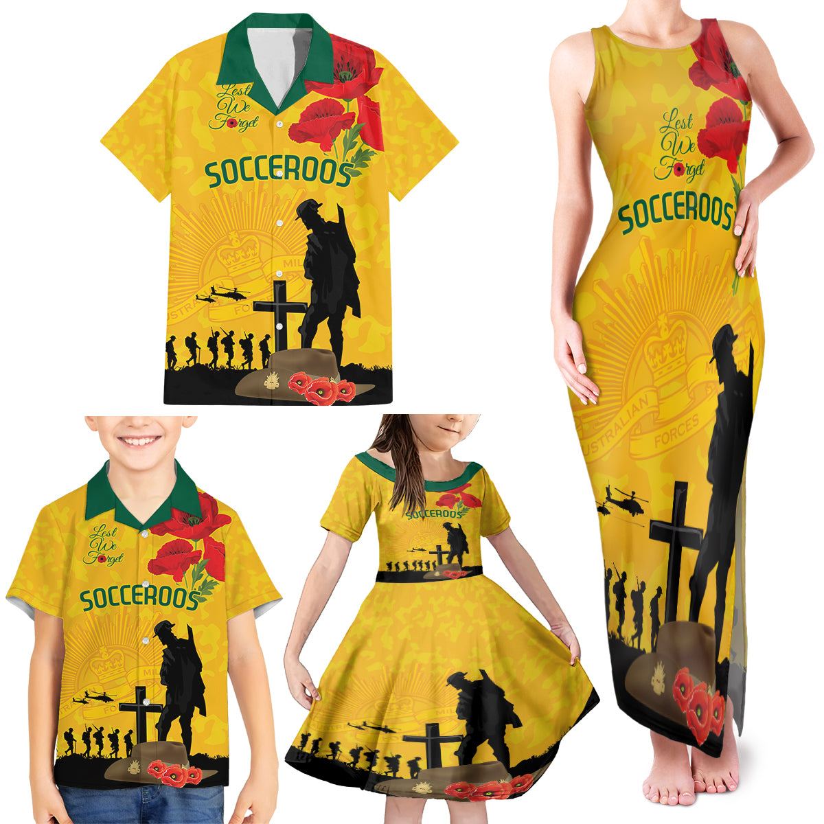 Australia Socceroos Soccer ANZAC Custom Family Matching Tank Maxi Dress and Hawaiian Shirt Gallipoli Soldier With Camouflage Art