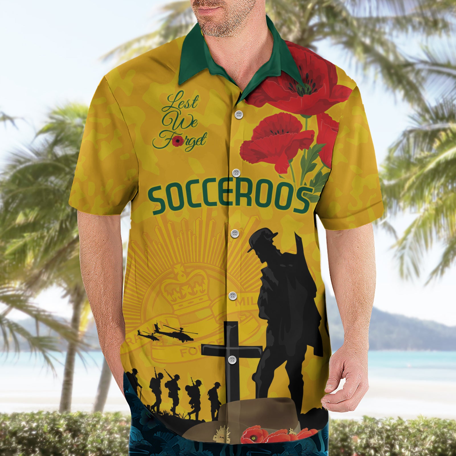 Australia Socceroos Soccer ANZAC Custom Hawaiian Shirt Gallipoli Soldier With Camouflage Art - Vibe Hoodie Shop