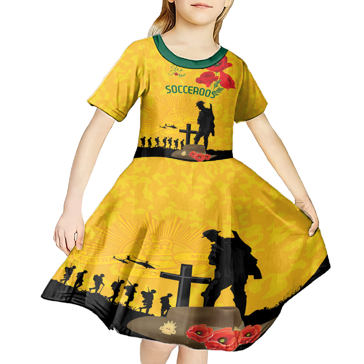 Australia Socceroos Soccer ANZAC Custom Kid Short Sleeve Dress Gallipoli Soldier With Camouflage Art - Vibe Hoodie Shop