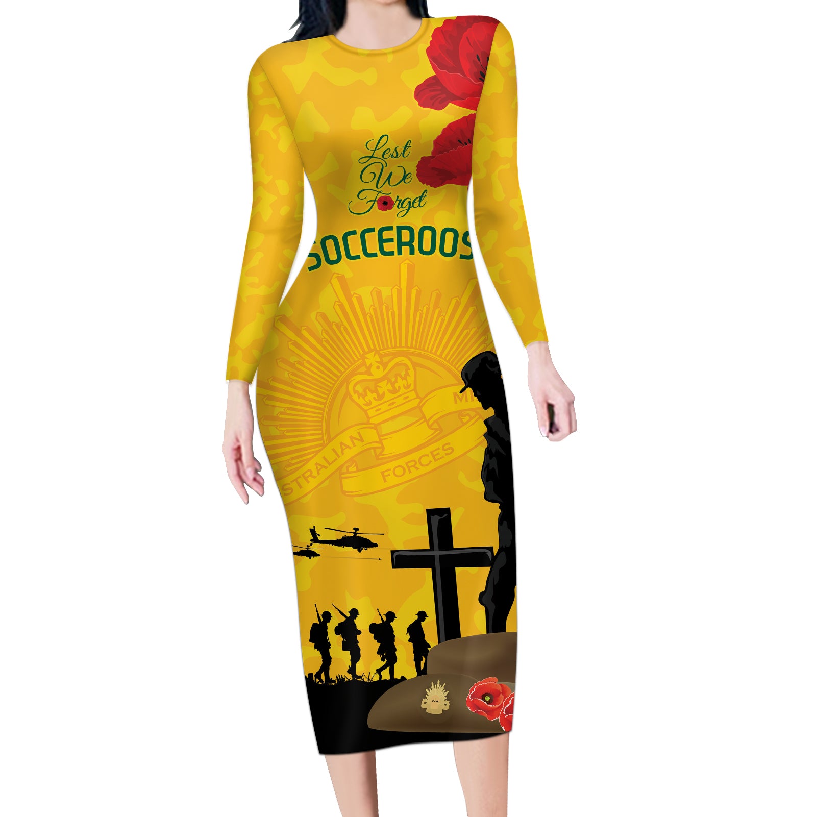 Australia Socceroos Soccer ANZAC Custom Long Sleeve Bodycon Dress Gallipoli Soldier With Camouflage Art