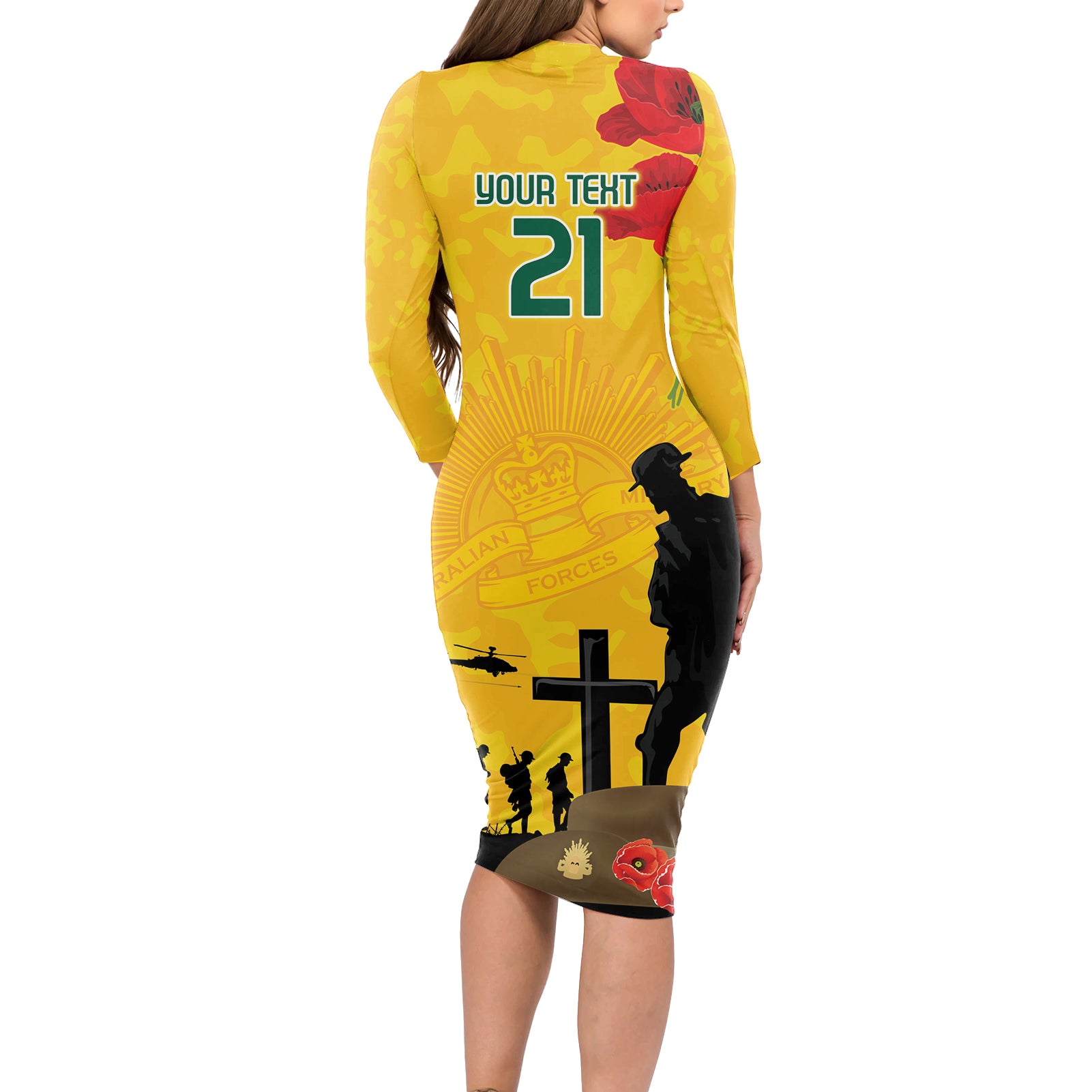 Australia Socceroos Soccer ANZAC Custom Long Sleeve Bodycon Dress Gallipoli Soldier With Camouflage Art