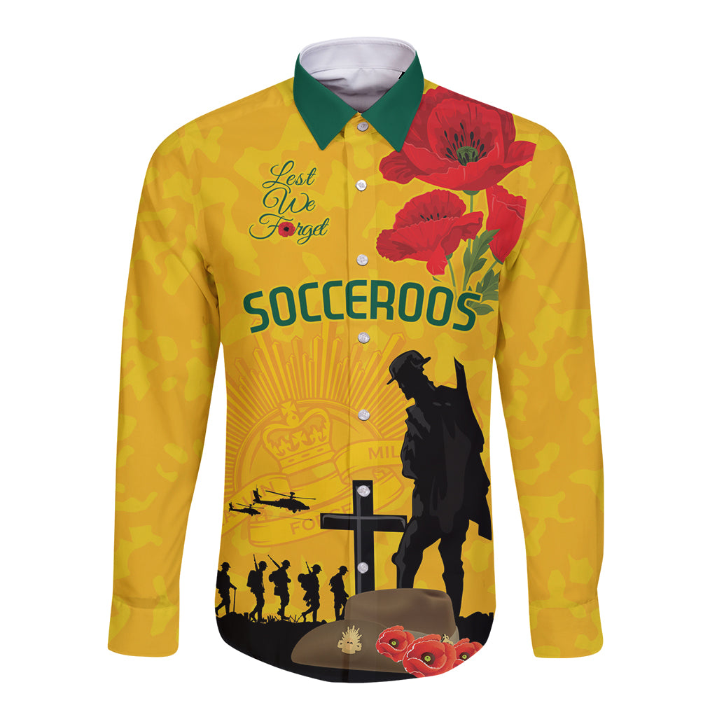 Australia Socceroos Soccer ANZAC Custom Long Sleeve Button Shirt Gallipoli Soldier With Camouflage Art - Vibe Hoodie Shop