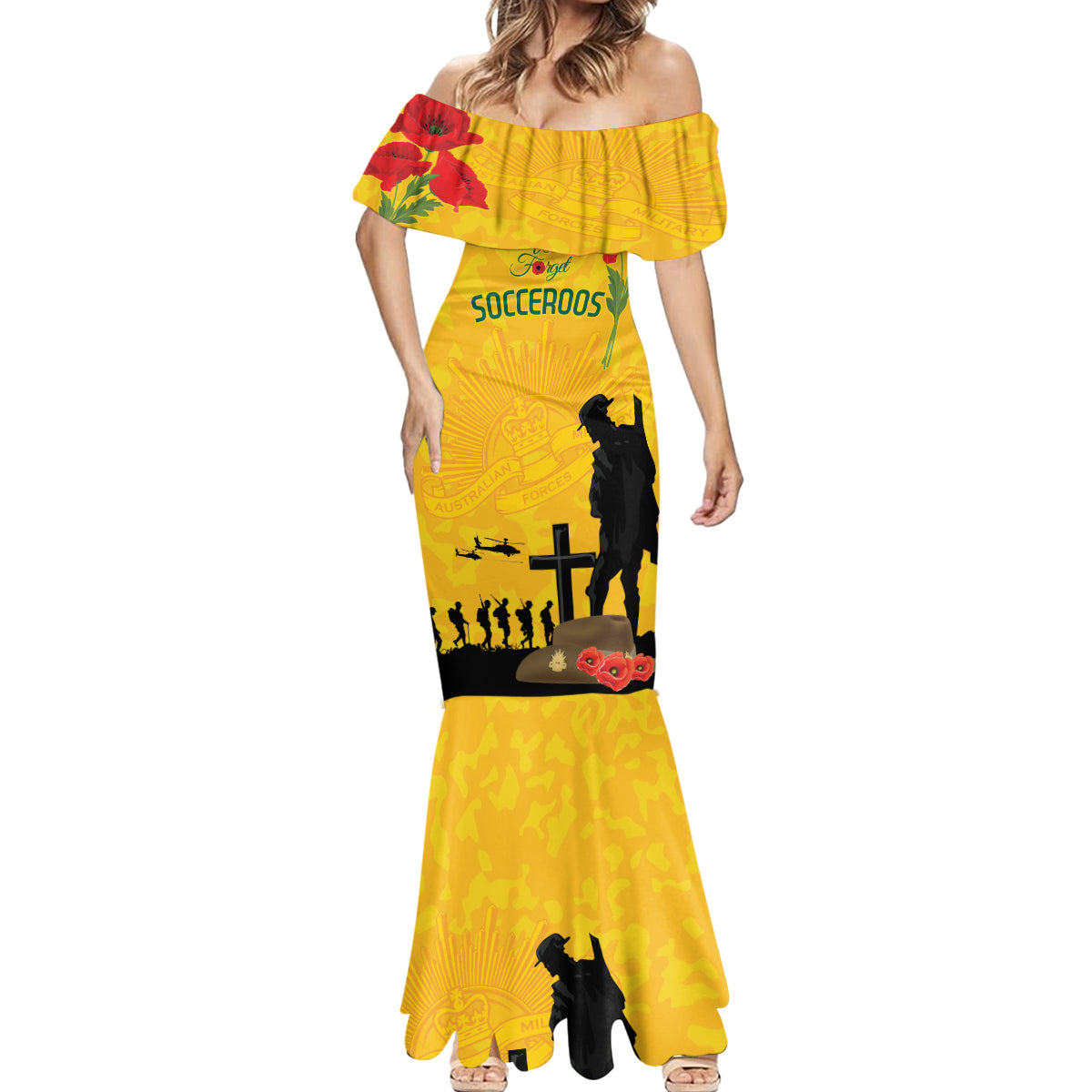 Australia Socceroos Soccer ANZAC Custom Mermaid Dress Gallipoli Soldier With Camouflage Art