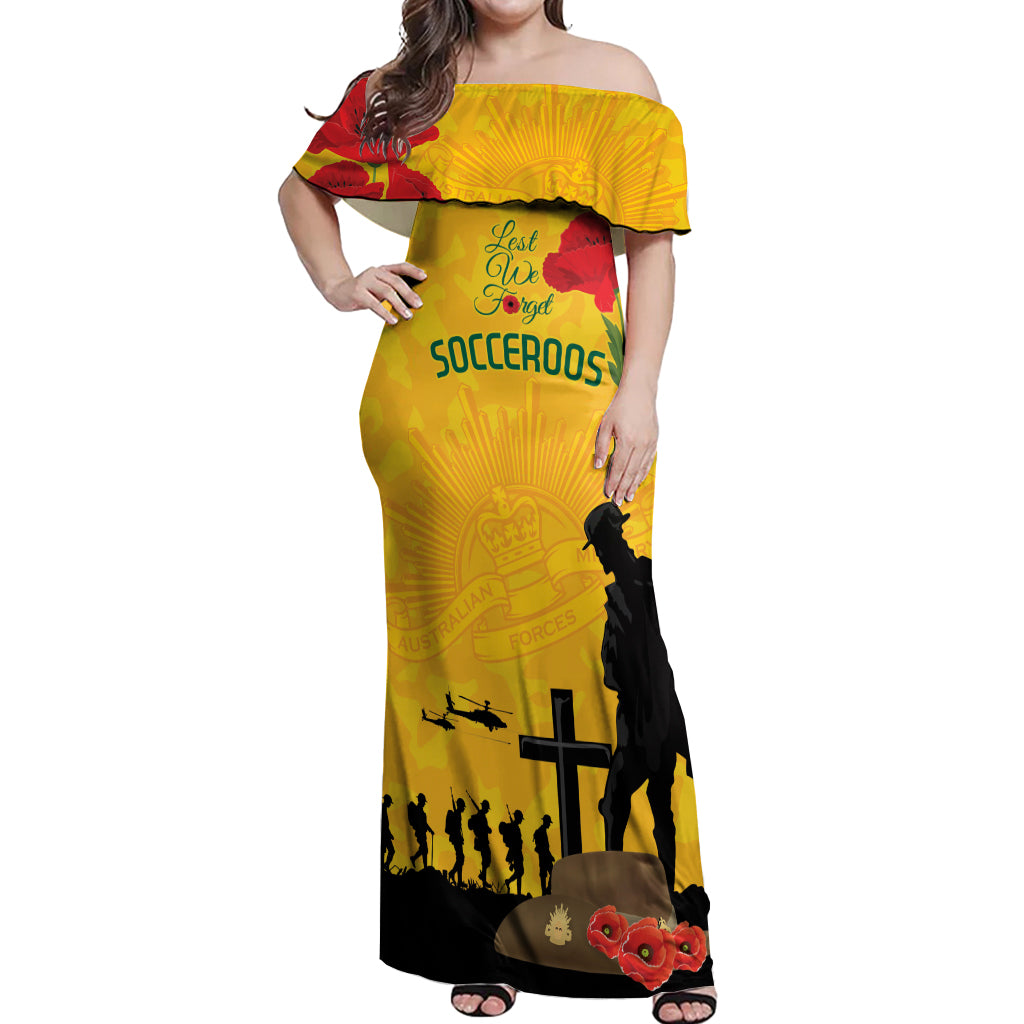 Australia Socceroos Soccer ANZAC Custom Off Shoulder Maxi Dress Gallipoli Soldier With Camouflage Art