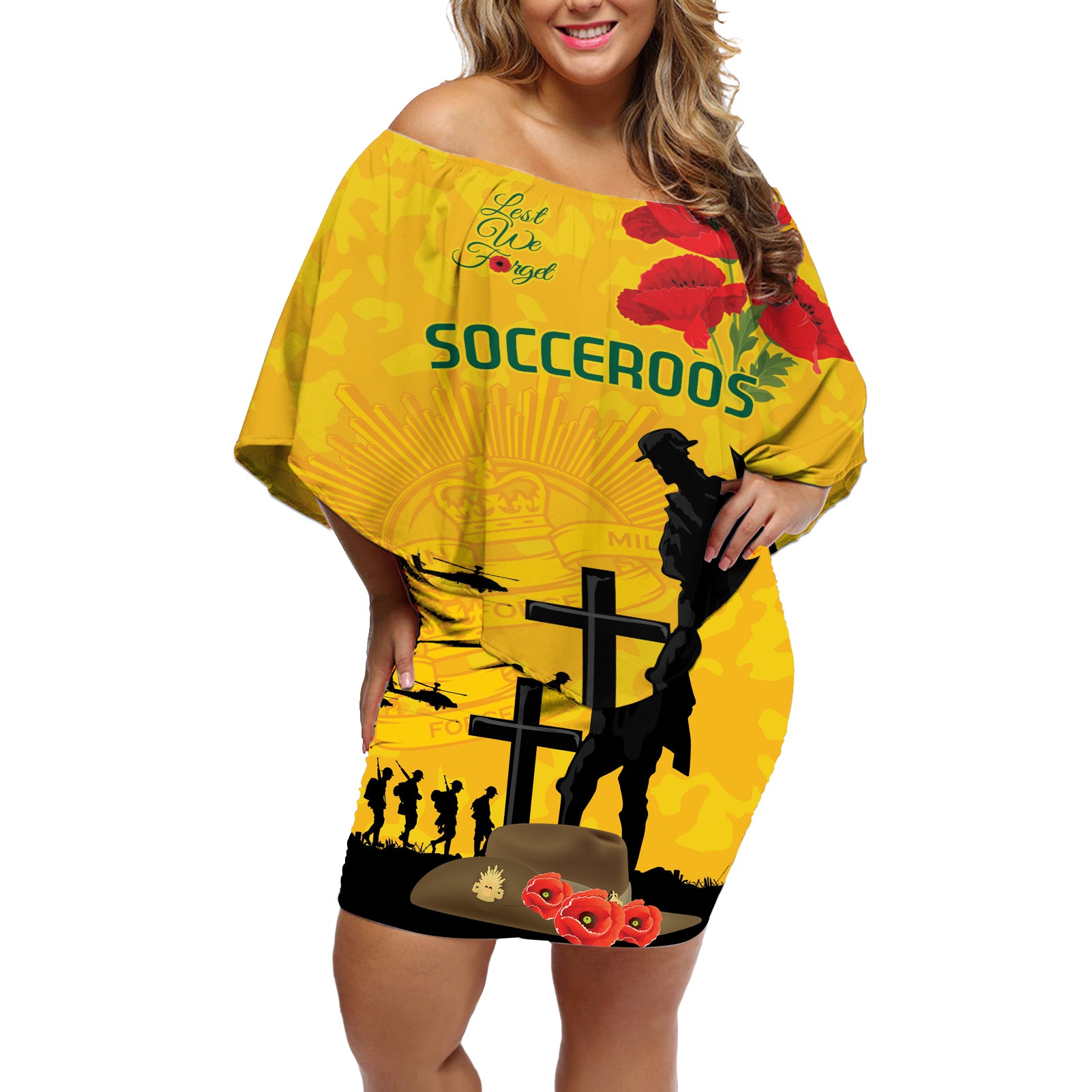 Australia Socceroos Soccer ANZAC Custom Off Shoulder Short Dress Gallipoli Soldier With Camouflage Art