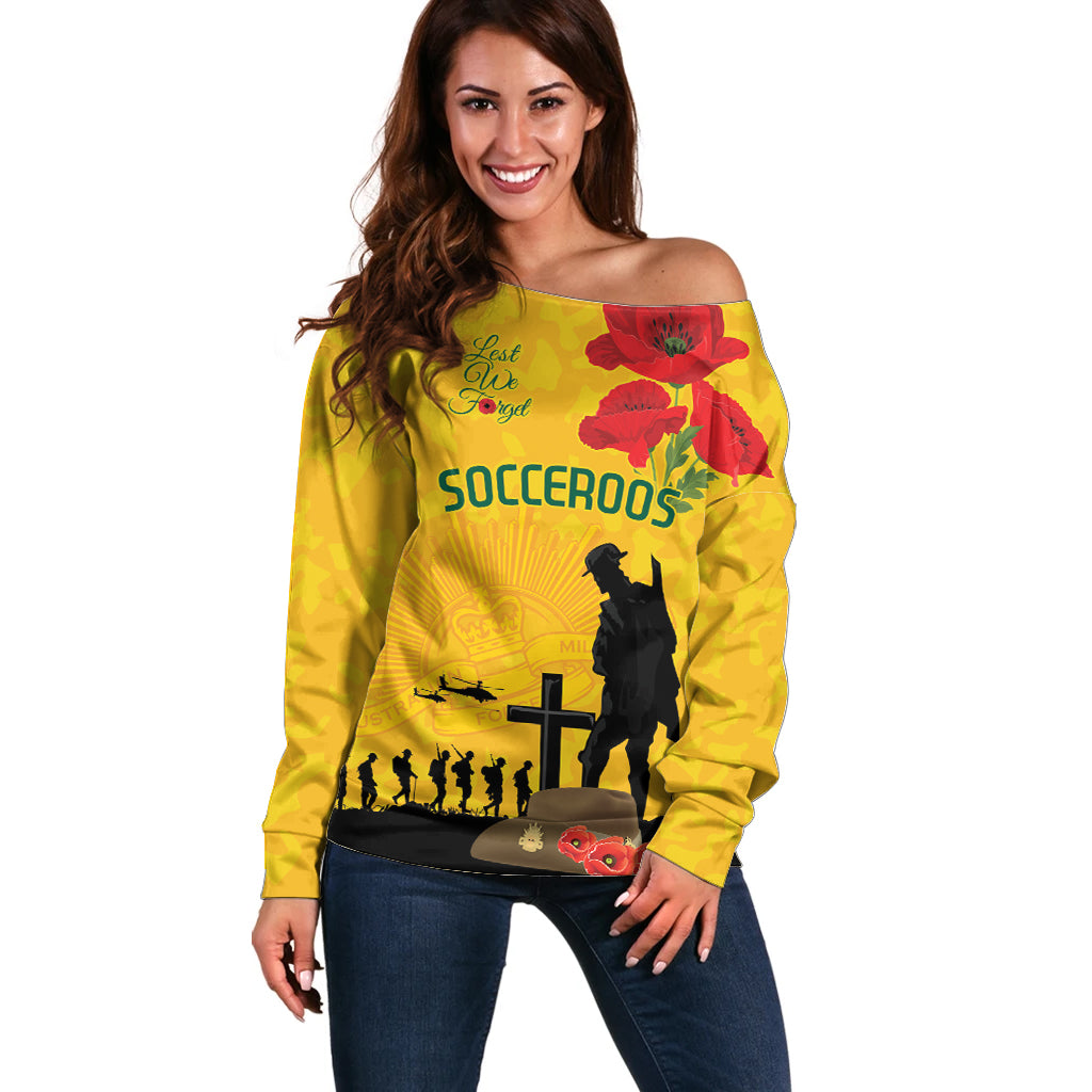 Australia Socceroos Soccer ANZAC Custom Off Shoulder Sweater Gallipoli Soldier With Camouflage Art - Vibe Hoodie Shop