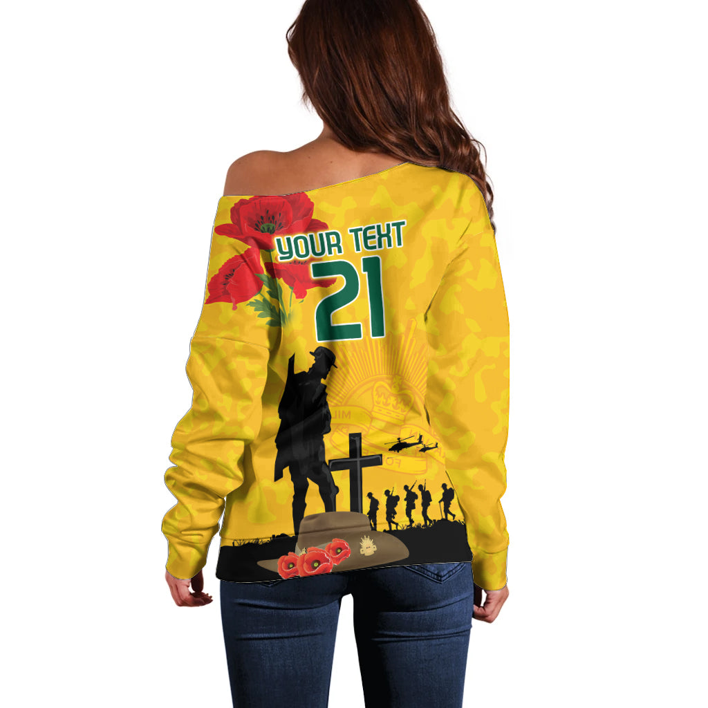 Australia Socceroos Soccer ANZAC Custom Off Shoulder Sweater Gallipoli Soldier With Camouflage Art - Vibe Hoodie Shop