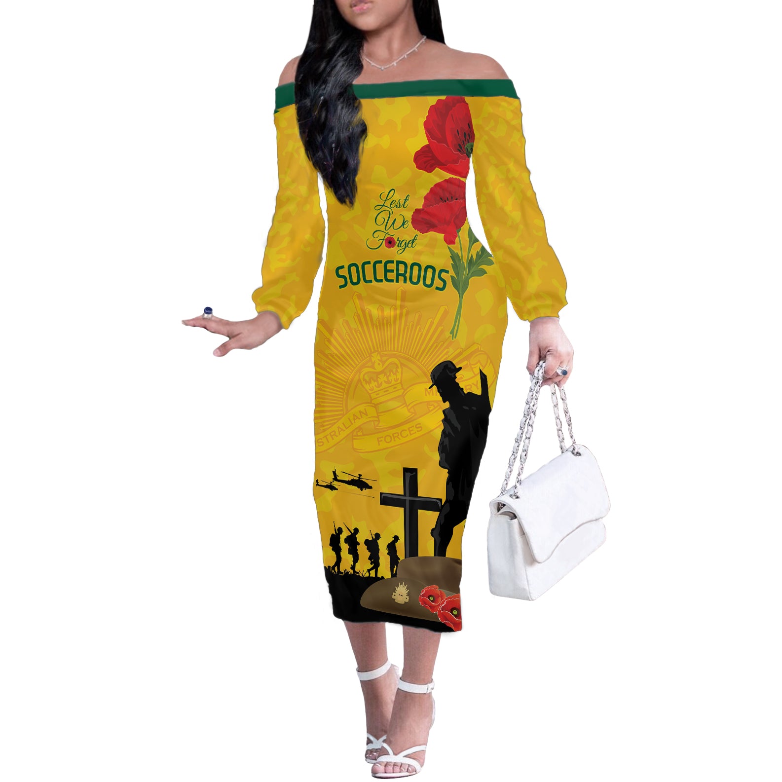 Australia Socceroos Soccer ANZAC Custom Off The Shoulder Long Sleeve Dress Gallipoli Soldier With Camouflage Art