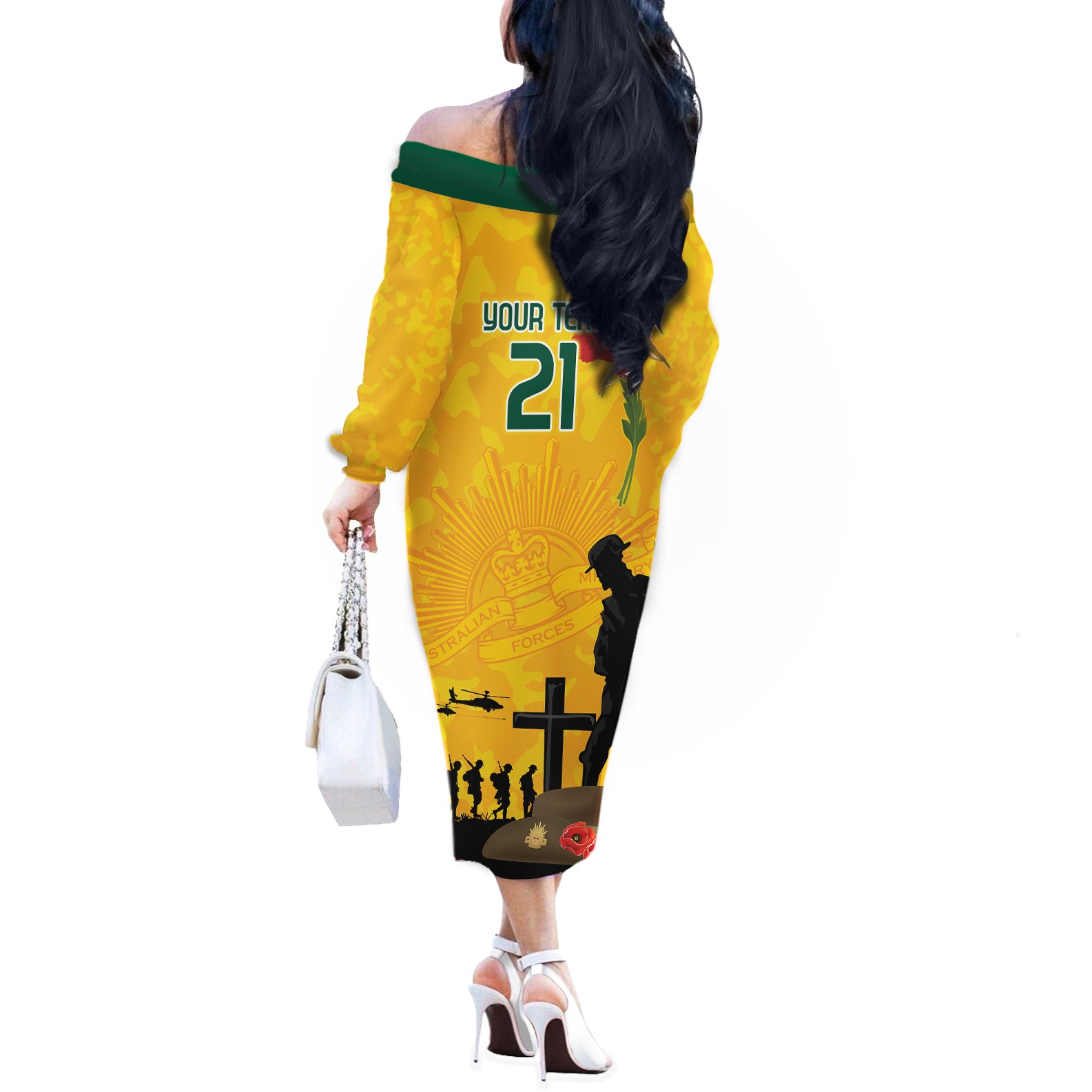 Australia Socceroos Soccer ANZAC Custom Off The Shoulder Long Sleeve Dress Gallipoli Soldier With Camouflage Art