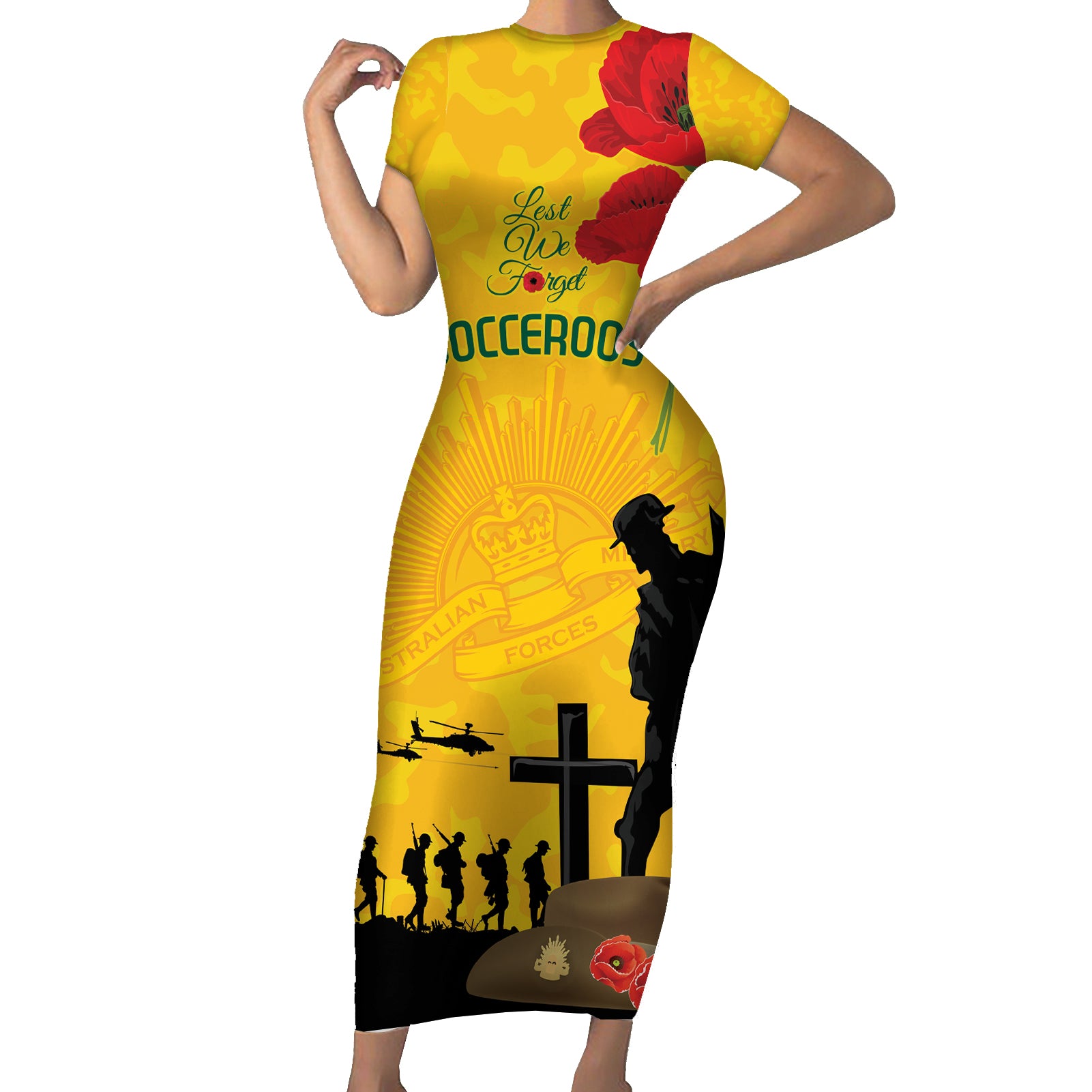 Australia Socceroos Soccer ANZAC Custom Short Sleeve Bodycon Dress Gallipoli Soldier With Camouflage Art