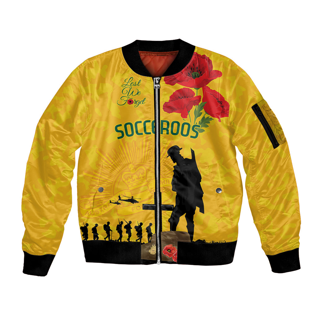 Australia Socceroos Soccer ANZAC Custom Sleeve Zip Bomber Jacket Gallipoli Soldier With Camouflage Art